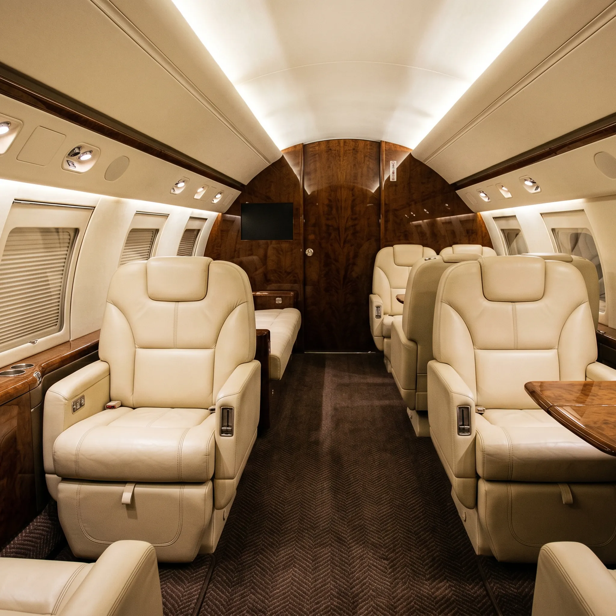 Large-cabin private jet interior showing closed cockpit door and luxury seating before departure
