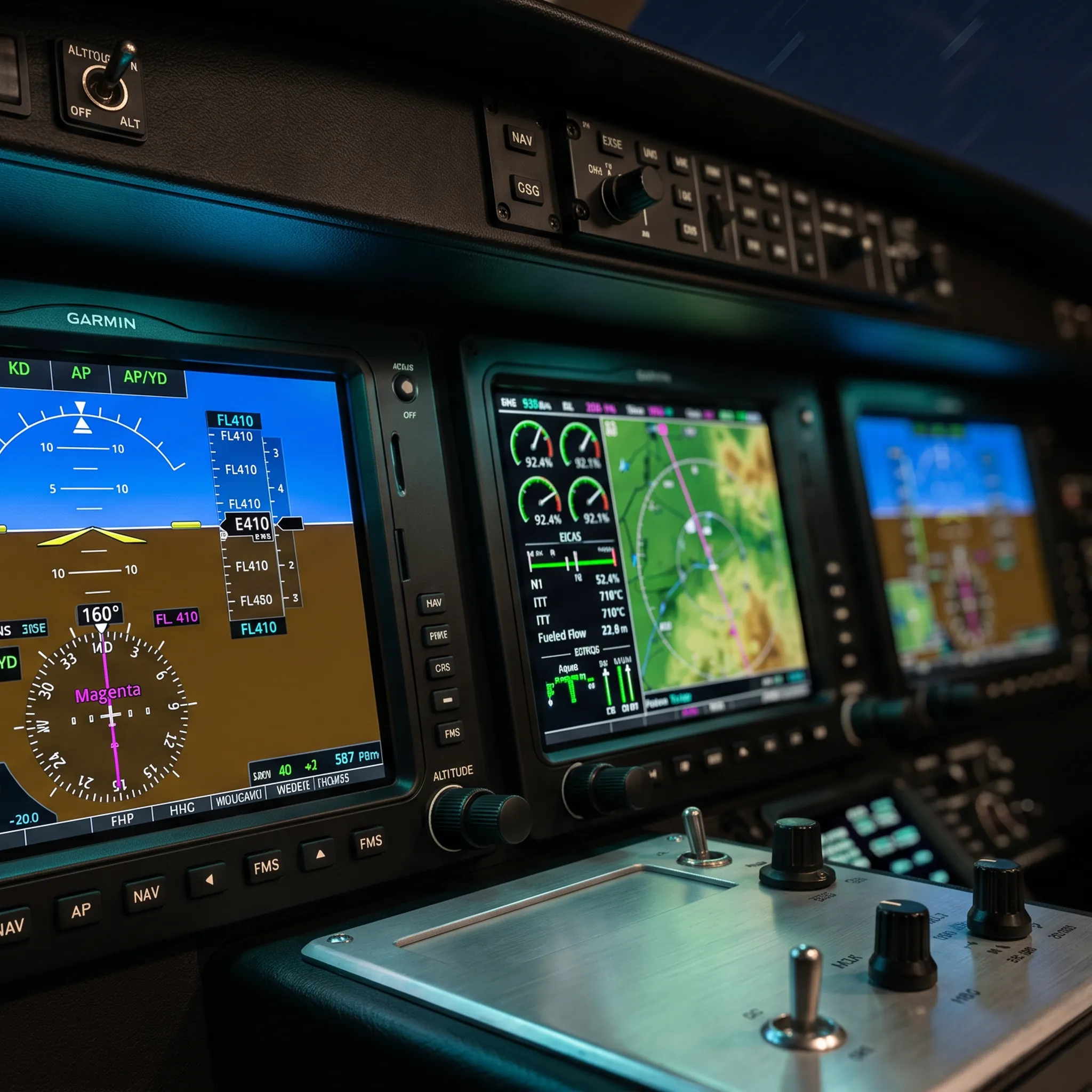 Business jet glass cockpit avionics panel showing primary and multifunction flight displays