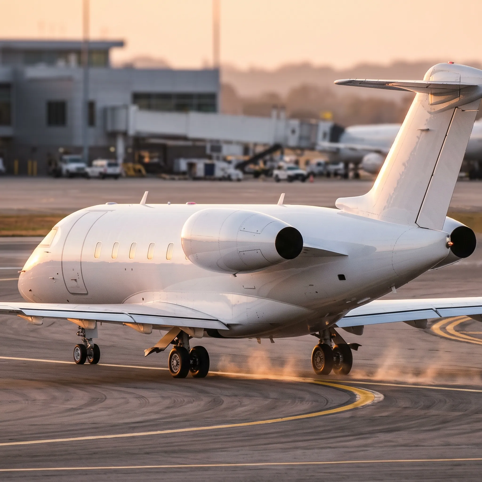 Mid-size business jet taxiing on airport apron at golden hour before departure