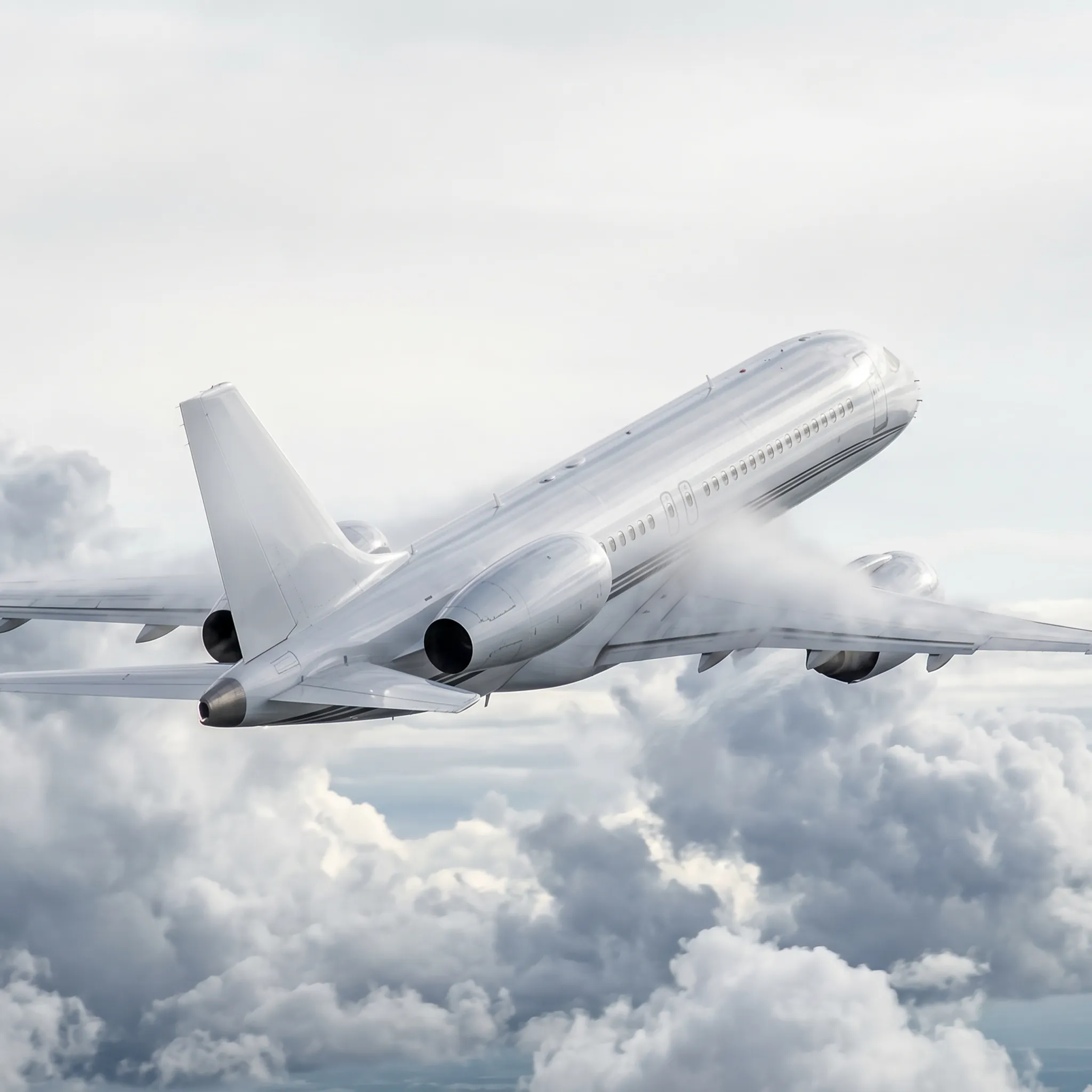 Large-cabin private jet climbing through broken clouds during initial departure climb phase