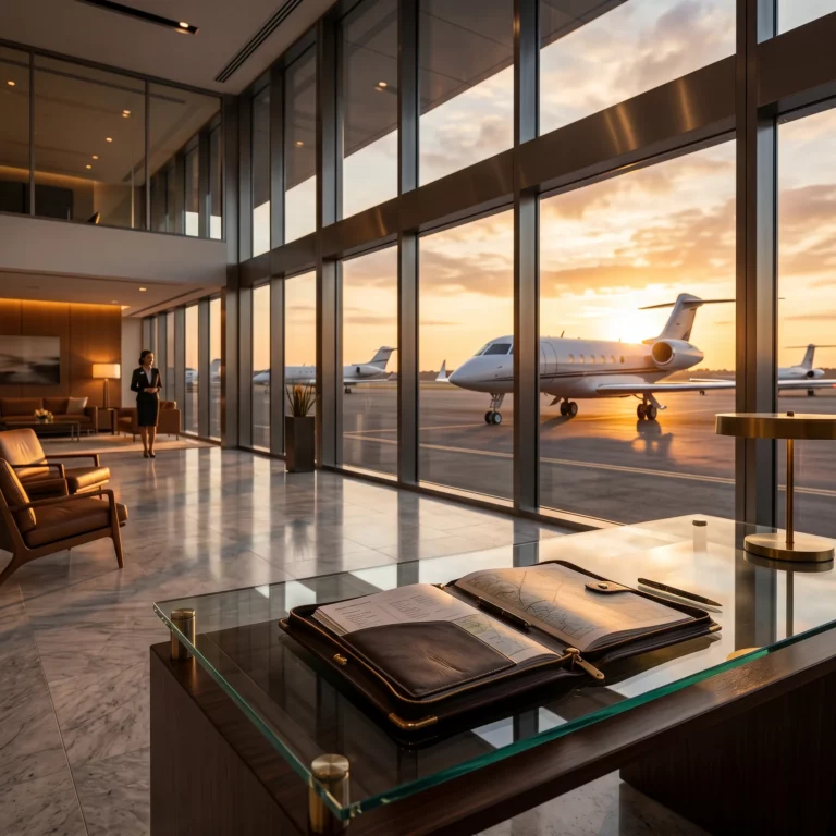 Modern FBO terminal lounge with private jet visible through floor-to-ceiling glass at golden hour