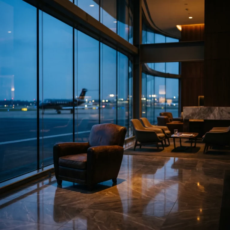 Empty private jet terminal lounge at dusk with leather chair facing the tarmac through floor-to-ceiling windows