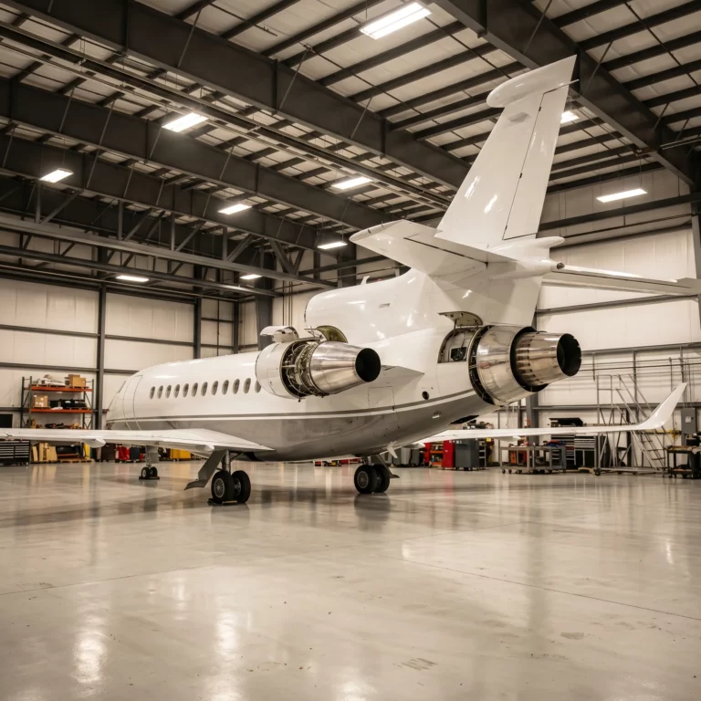 Dassault Falcon 7X private jet inside an executive maintenance hangar showing the trijet tail configuration