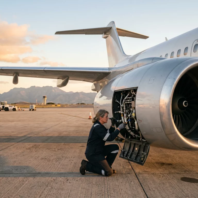 Flight mechanic inspecting private jet engine on remote international airport ramp at golden hour