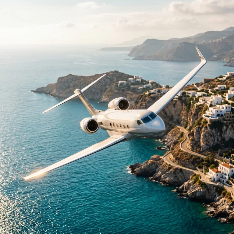 Private jet banking over the Mediterranean Sea near a Greek island coastline on a summer afternoon
