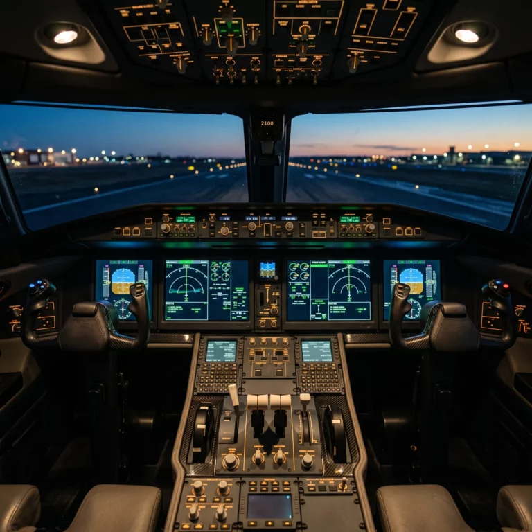 Private jet cockpit with illuminated glass avionics displays during pre-takeoff phase at dawn