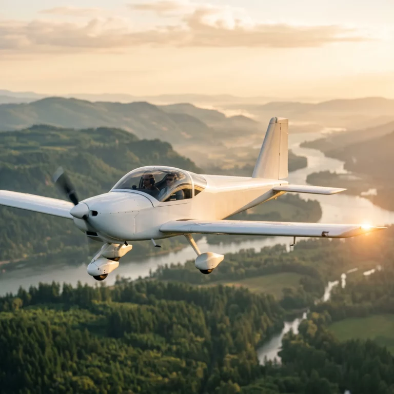 Van's RV-12iS light sport aircraft flying above Pacific Northwest landscape at golden hour