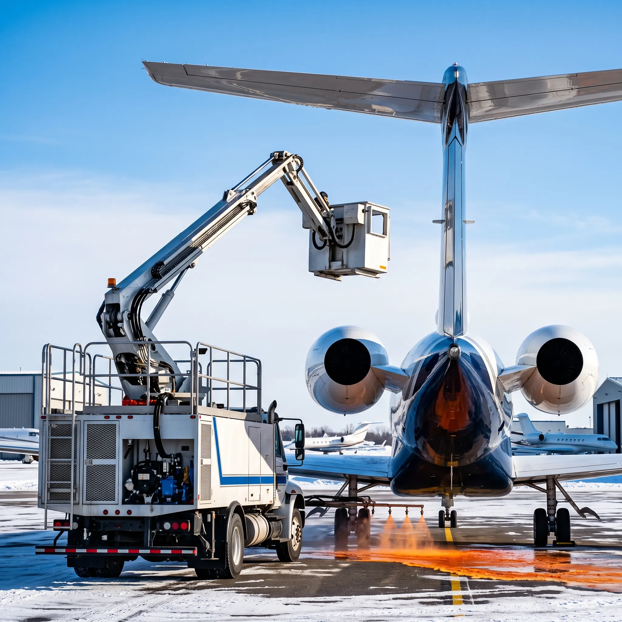 De-icing truck alongside a private jet tail section on a snowy FBO ramp in winter daylight