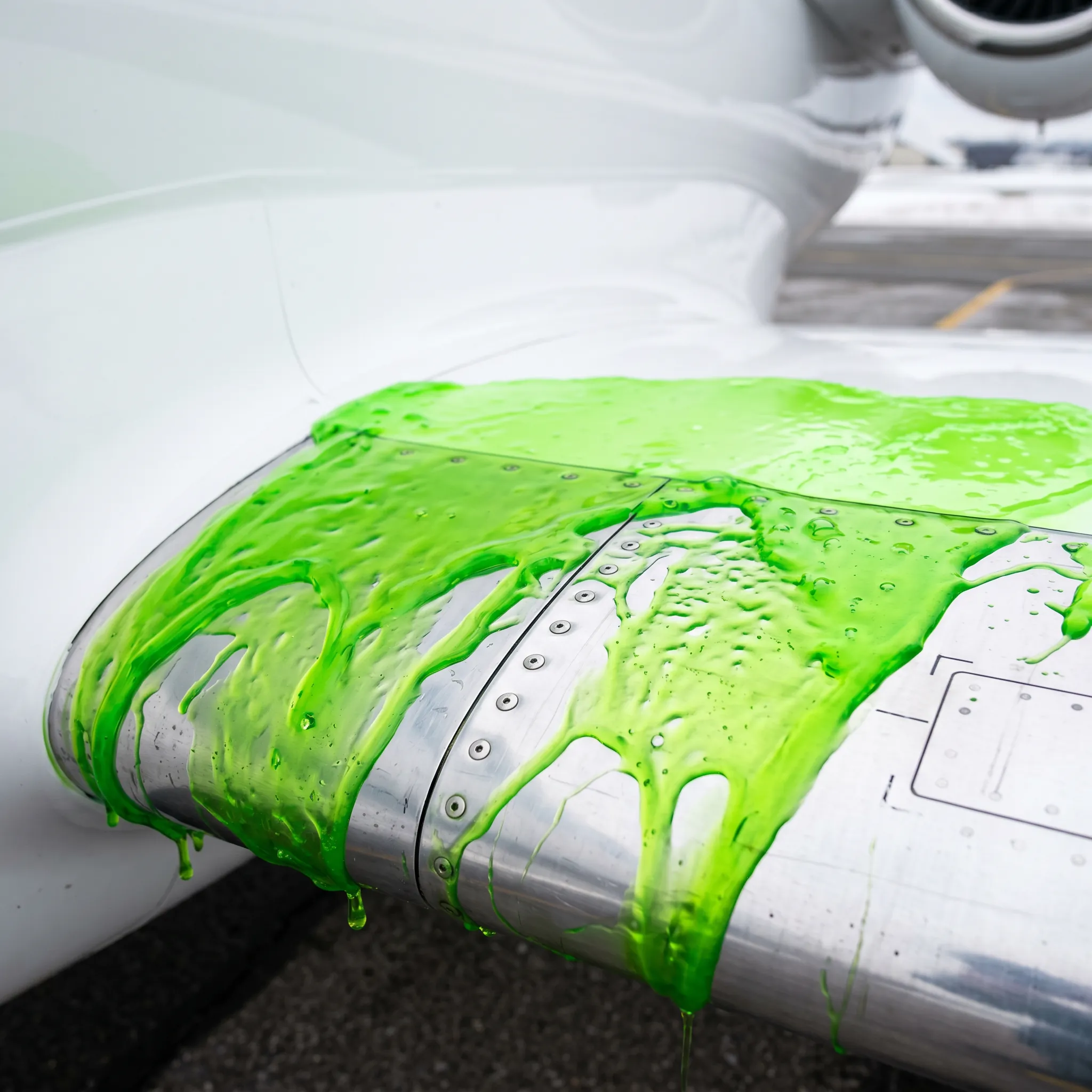 Close-up of thick green Type IV anti-icing fluid clinging to a private jet wing surface in winter