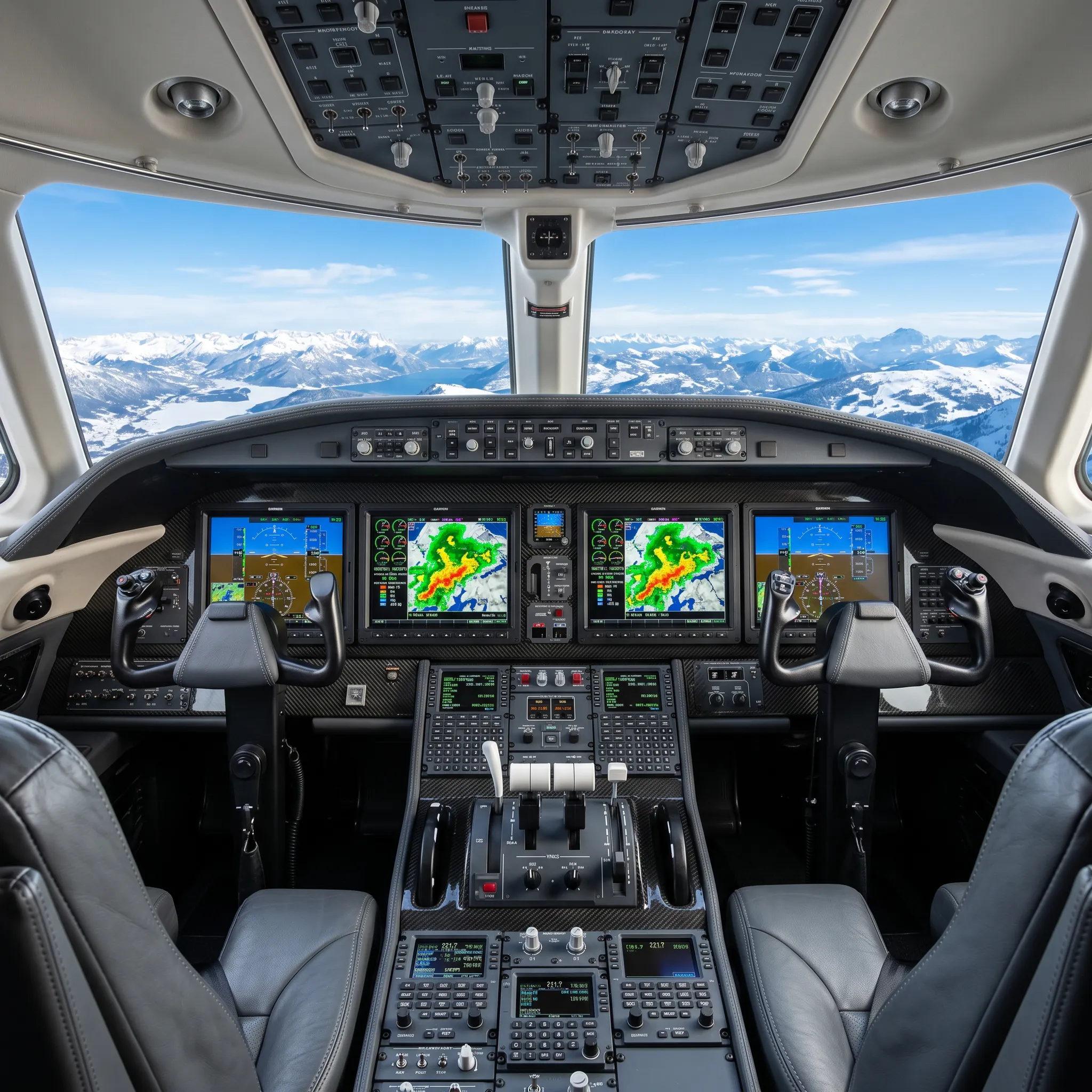 Private jet glass cockpit displaying weather and temperature data during winter flight operations