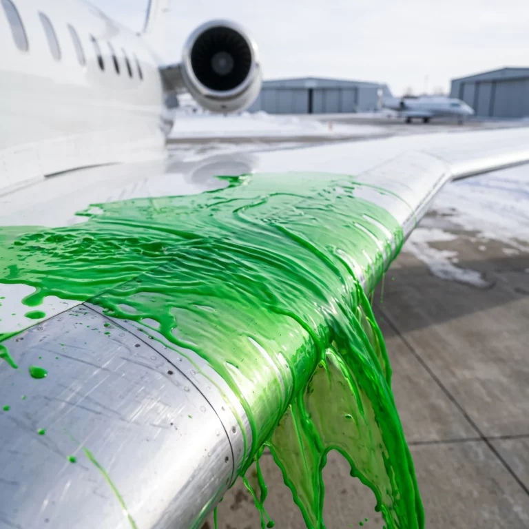 Type IV anti-icing fluid being applied to a private jet wing on a winter ramp in bright daylight