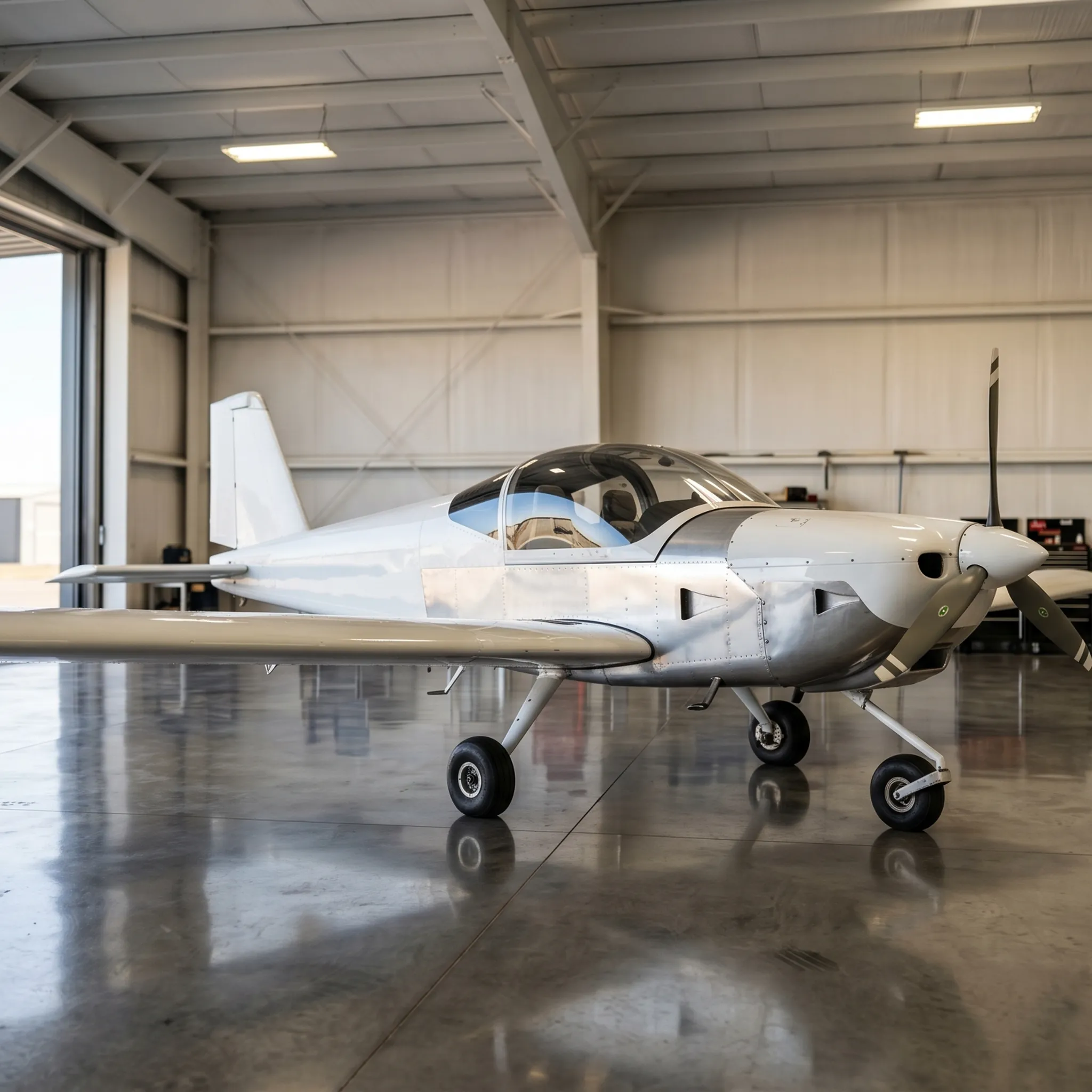 Van's RV-12iS parked in a clean aviation hangar showing its low-wing design and Rotax engine cowling