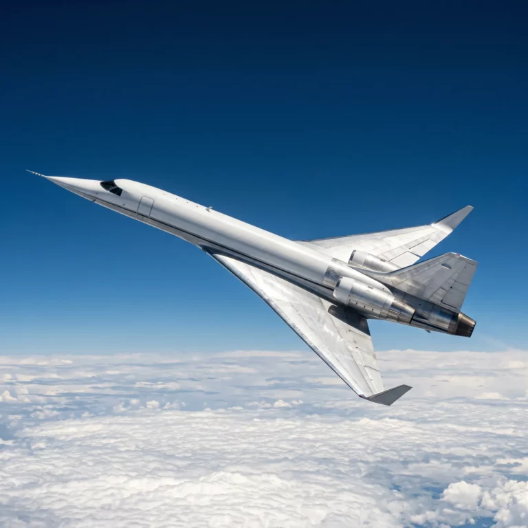 Sleek supersonic business jet flying above clouds at high altitude in bright clear daylight