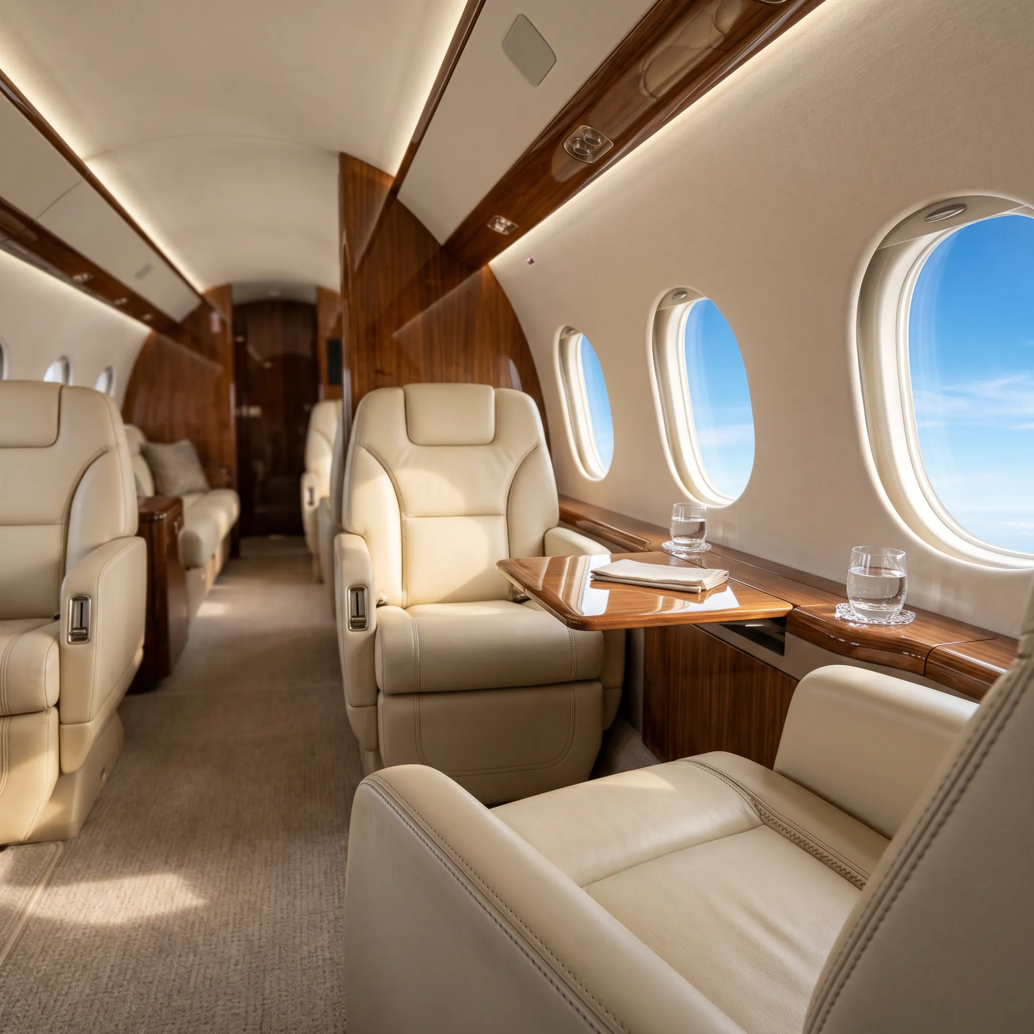 Luxurious leather cabin interior of a large-cabin long-range private jet