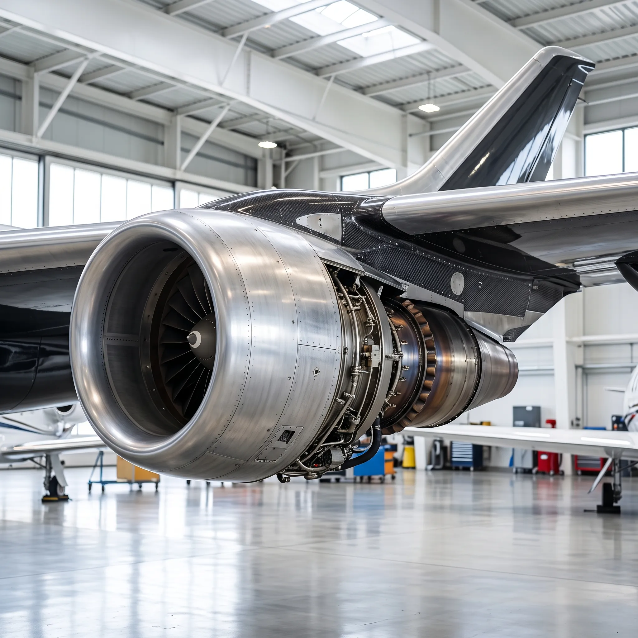 Close-up of a Dassault Falcon 6X engine nacelle and winglet in a hangar