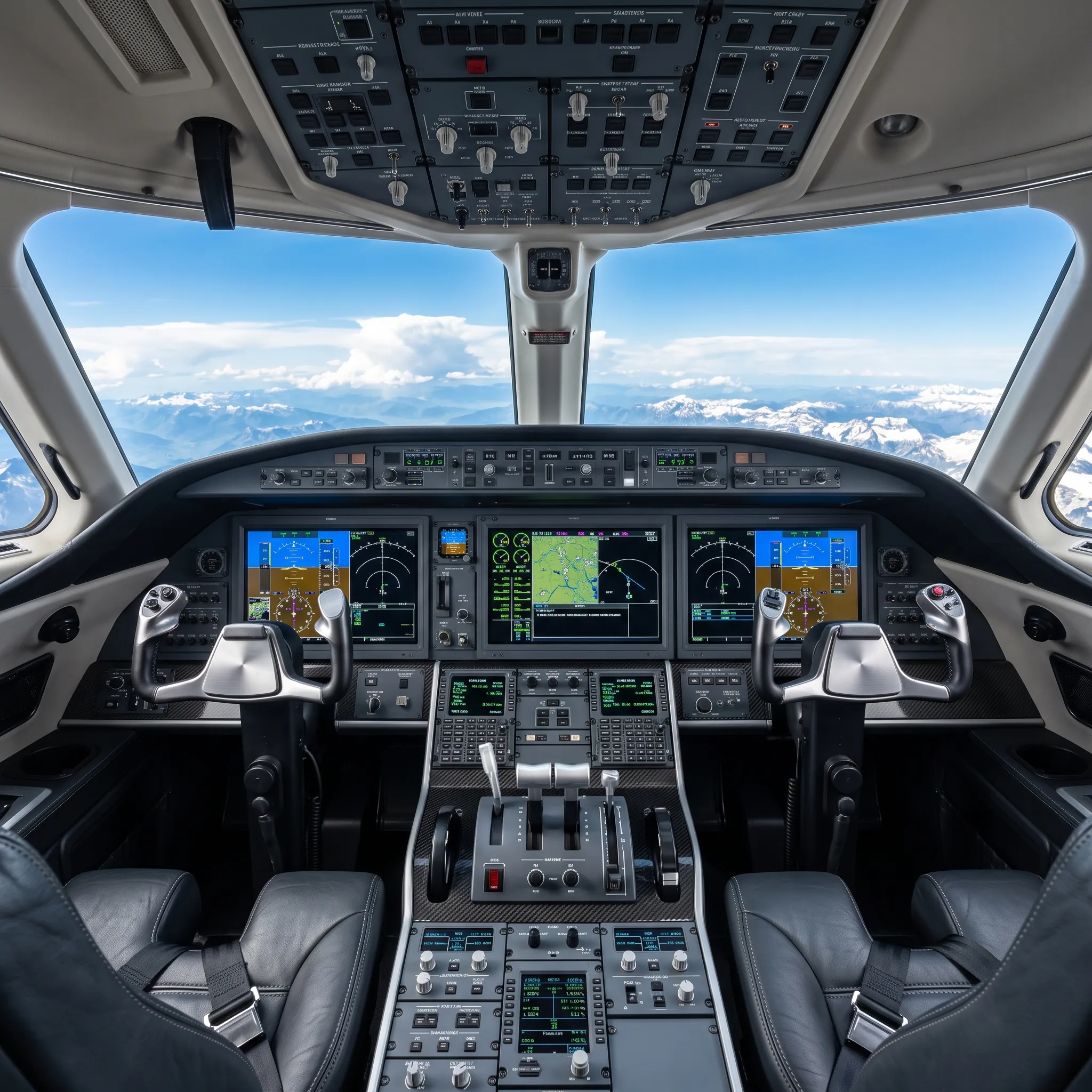 Modern glass cockpit avionics inside a long-range private jet