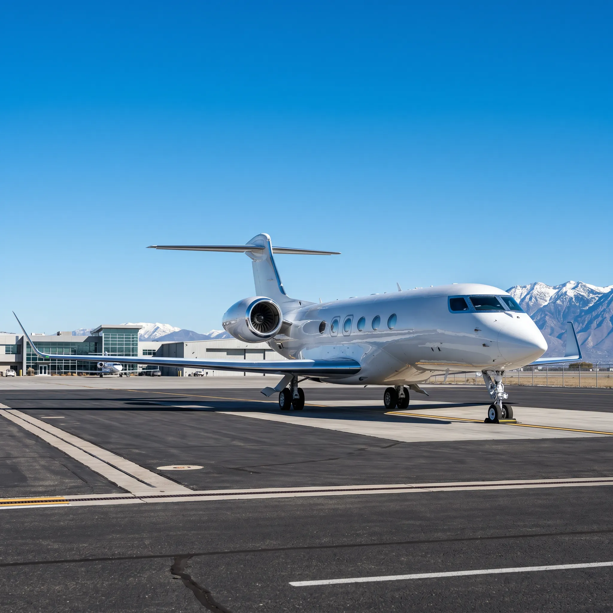 Gulfstream G600 private jet parked at a bright FBO ramp