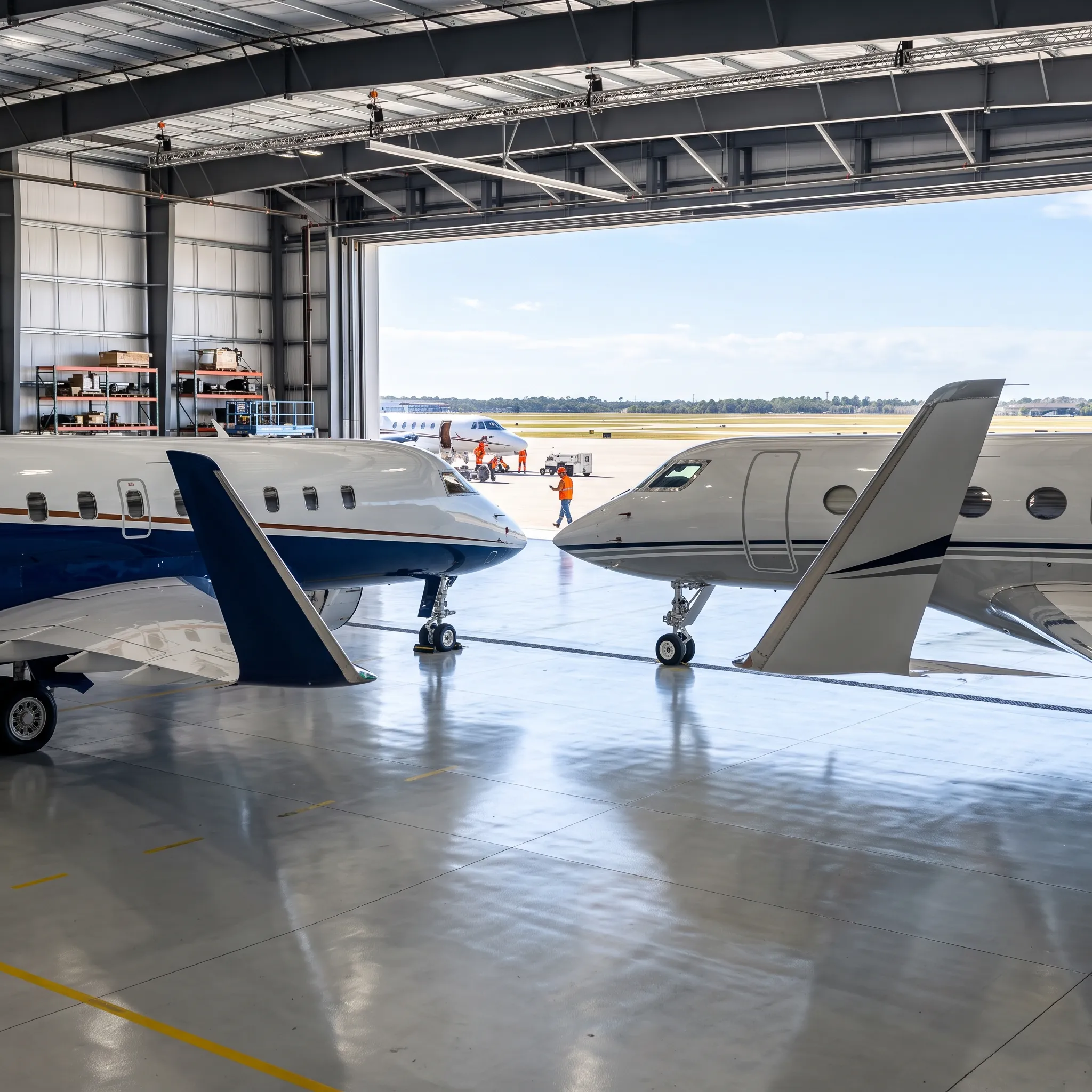 Two ultra-long-range private jets parked in a bright executive hangar side by side
