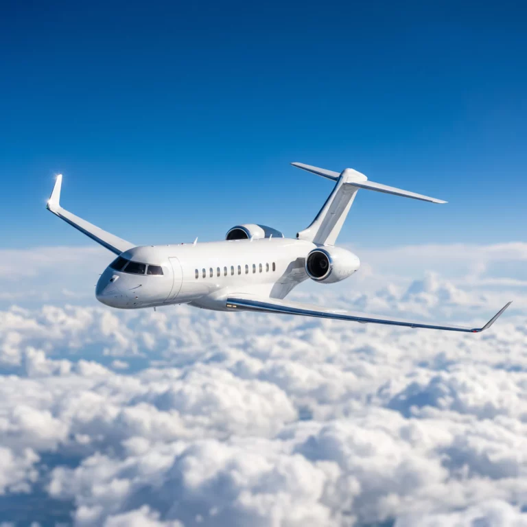 Bombardier Global 8000 private jet flying above clouds during record-setting transatlantic flight