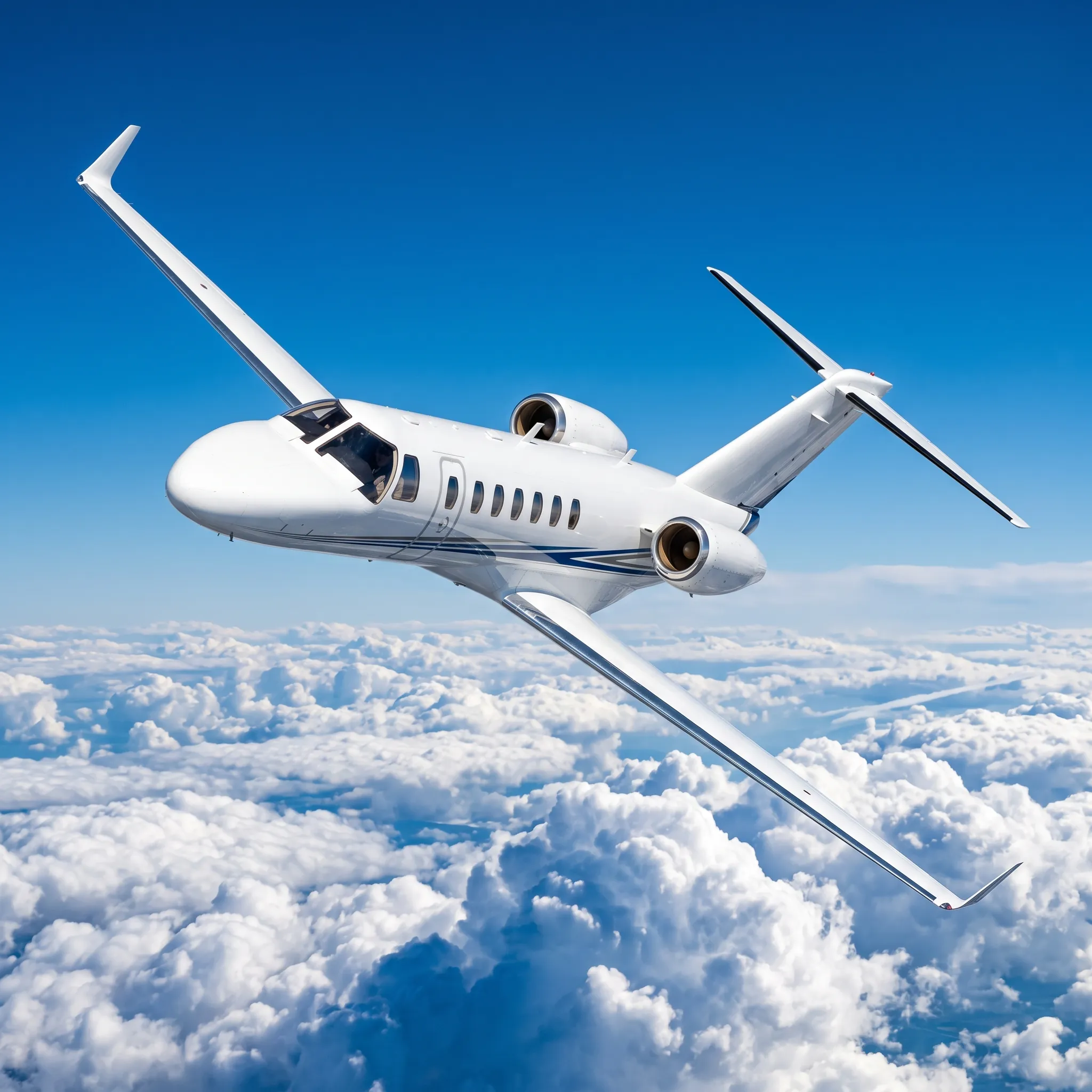 Cessna Citation CJ3 light jet climbing above a sunlit cloud deck during flight testing