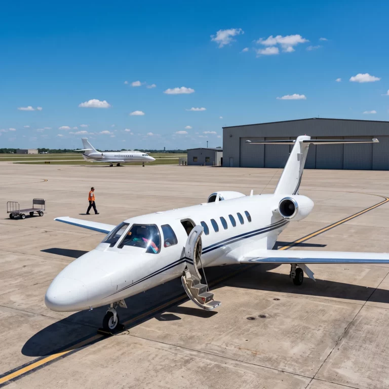 Cessna Citation CJ3 light jet parked on a sunlit executive ramp with its airstair door open and ground crew nearby