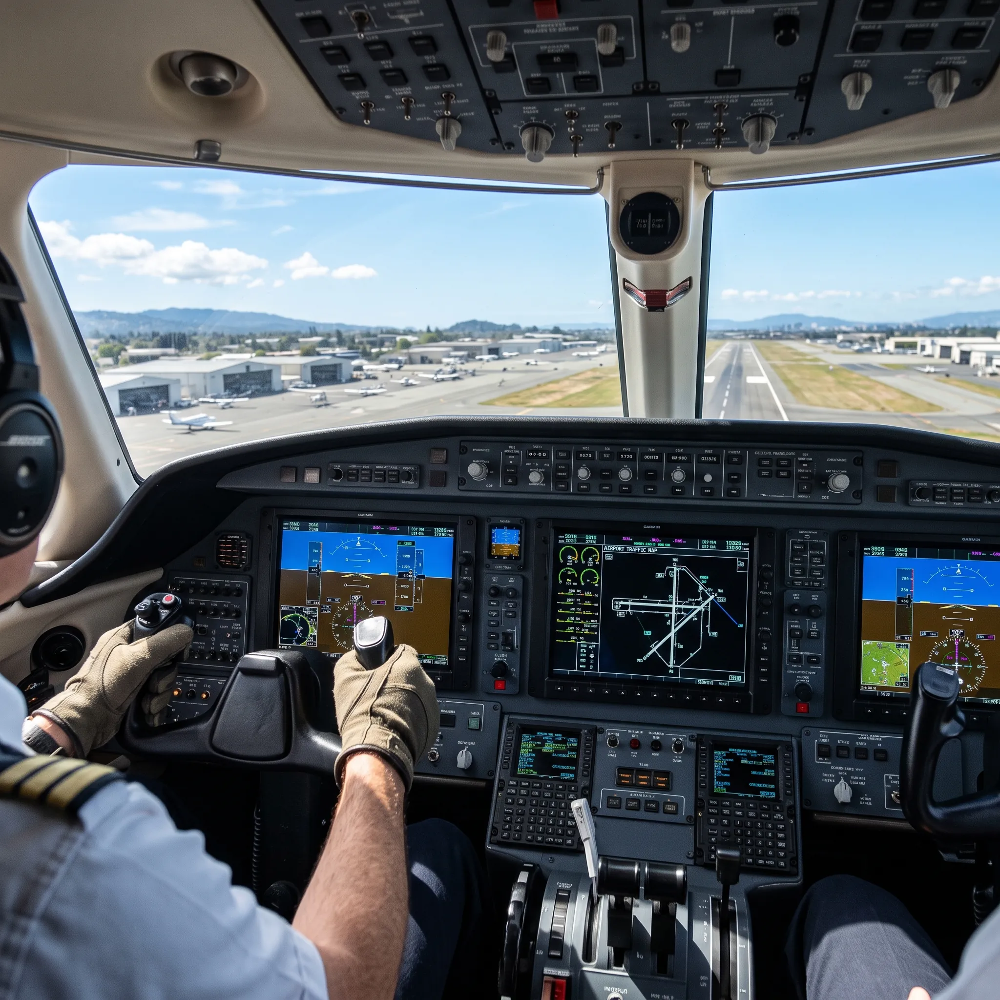 Private jet cockpit avionics displaying airspace routing near a major airport