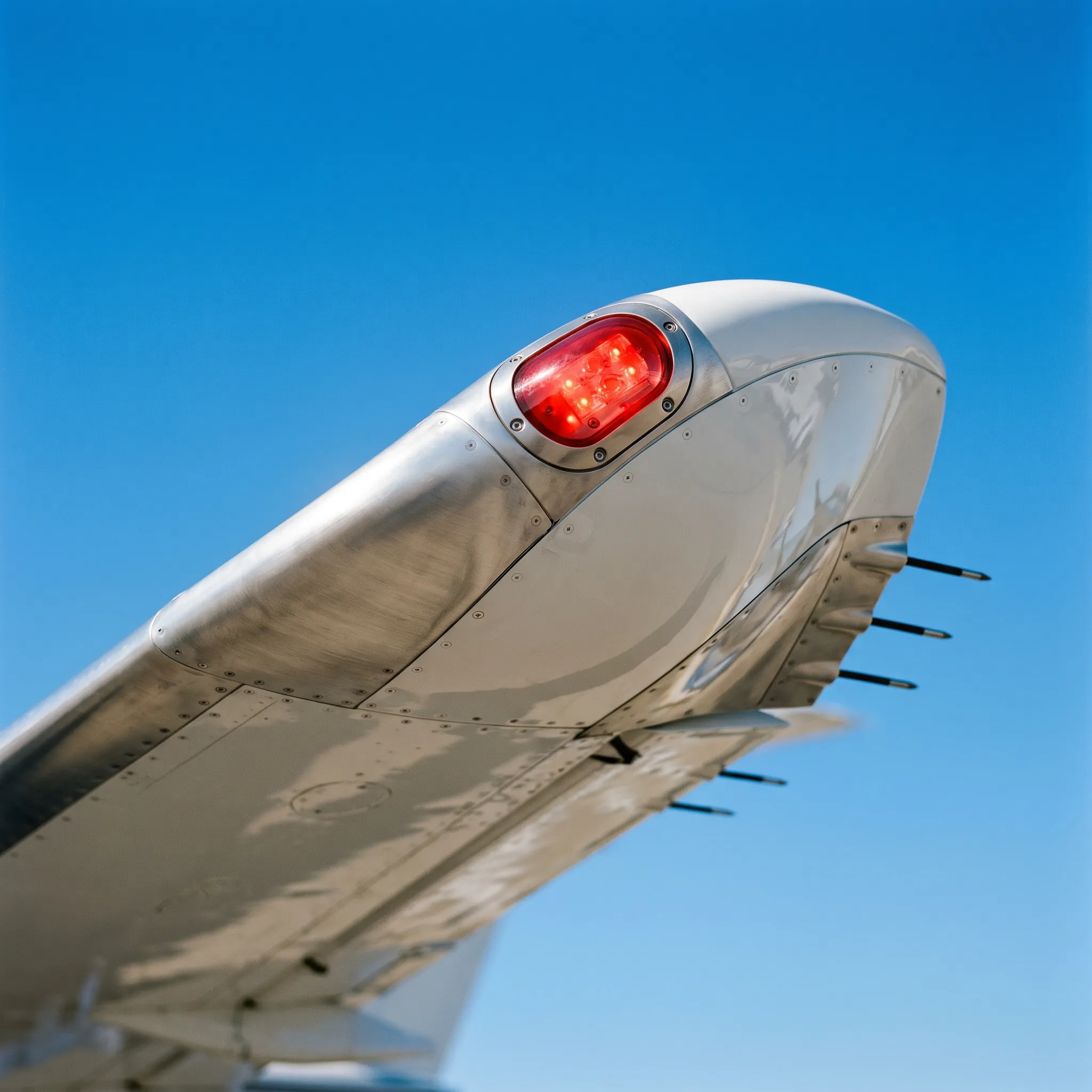 Close-up of private jet winglet against clear sky during flight