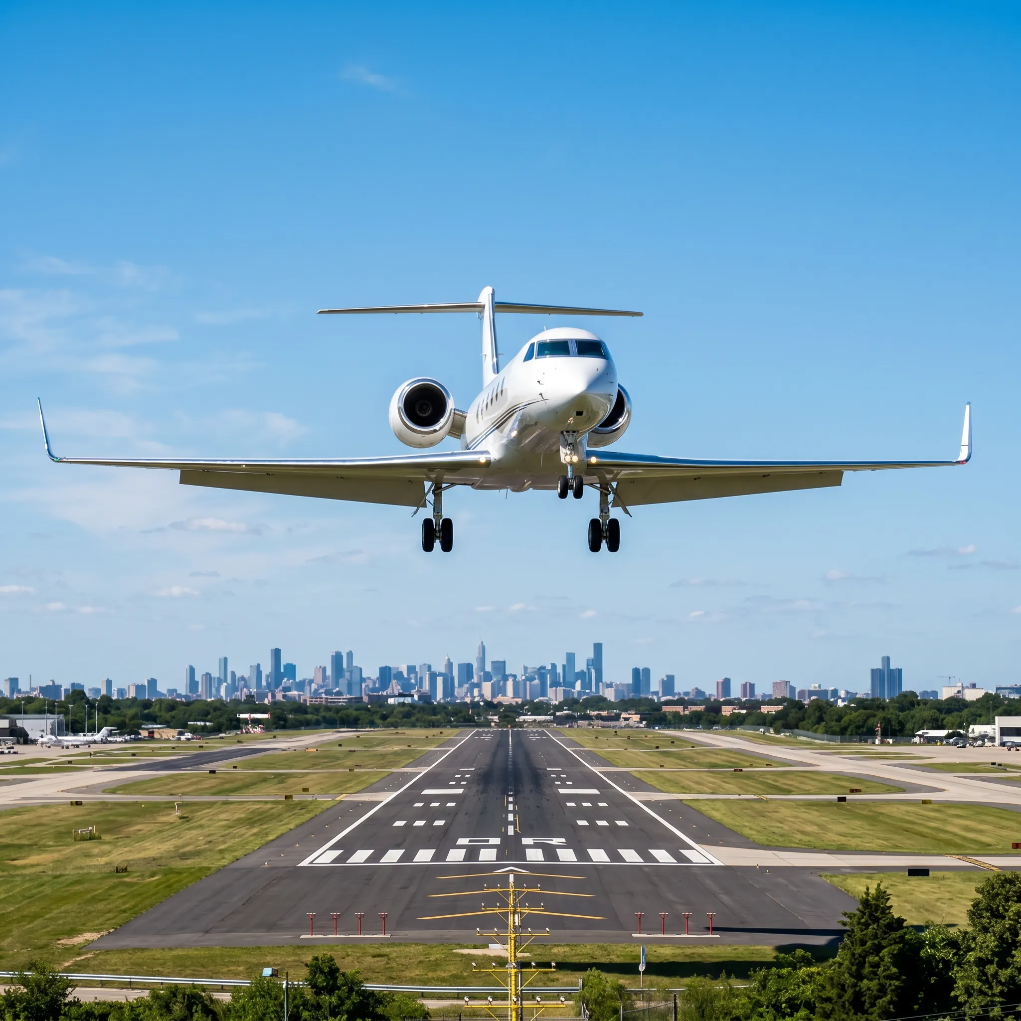 Private jet descending on final approach into a major airport