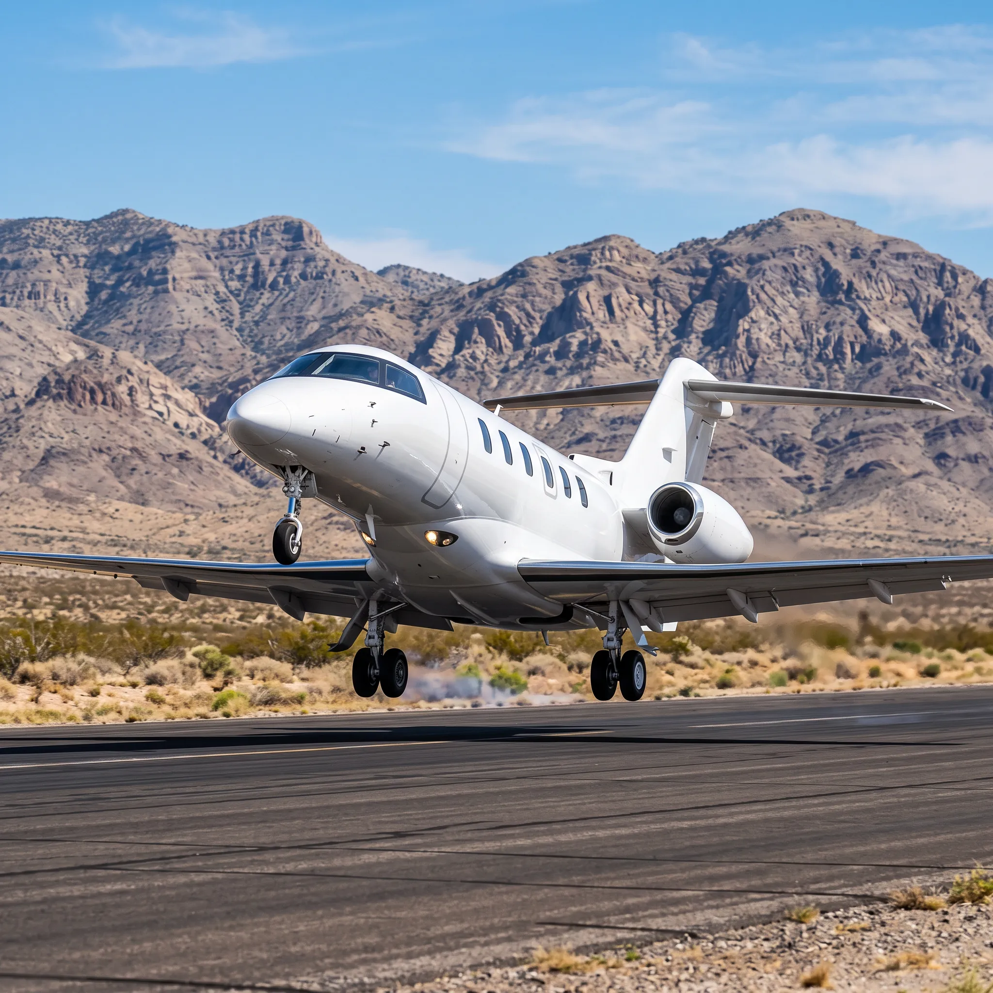 Pilatus PC-24 light jet taking off from a short desert runway in the Southwest
