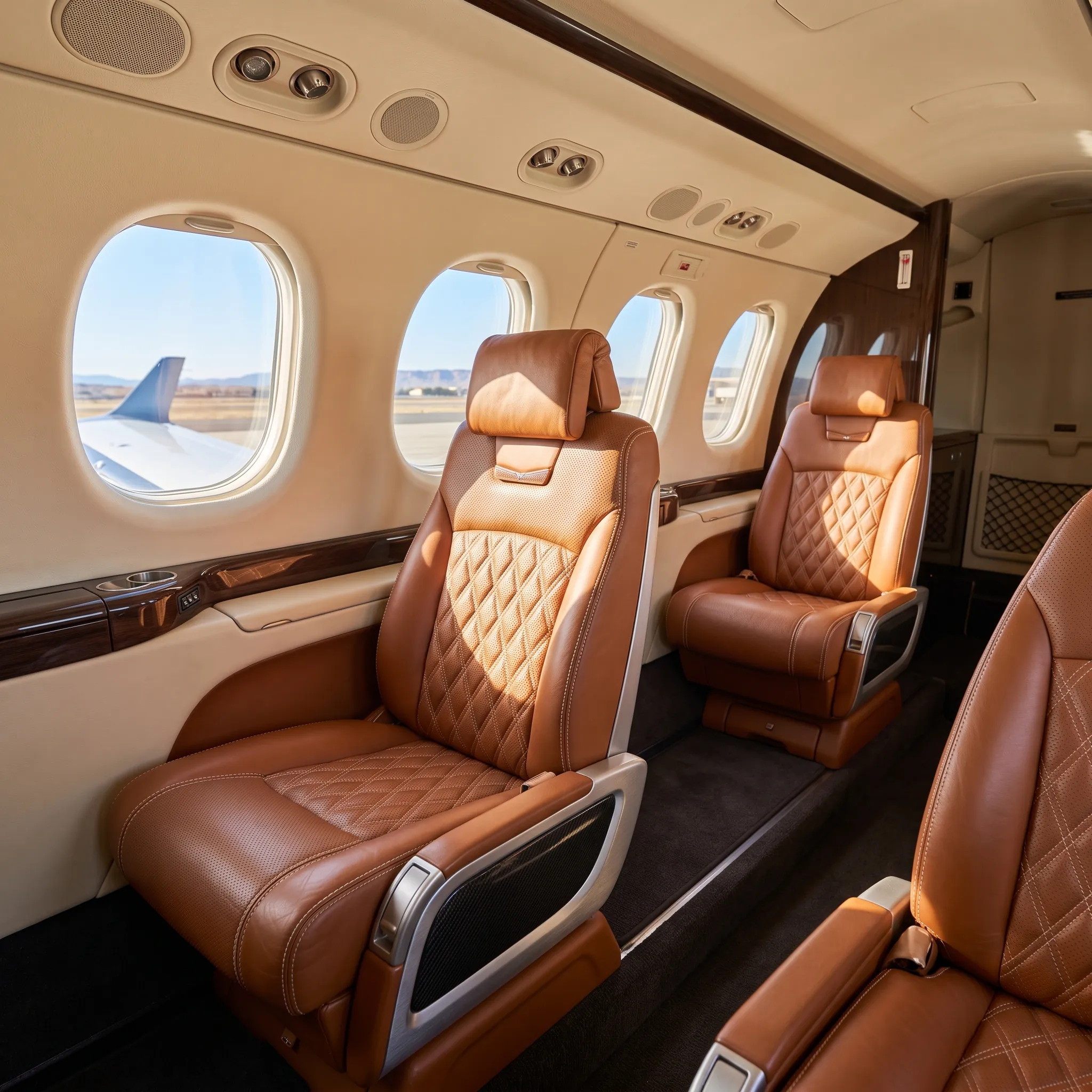 Luxurious leather cabin interior of a Pilatus PC-12 turboprop illuminated by natural daylight