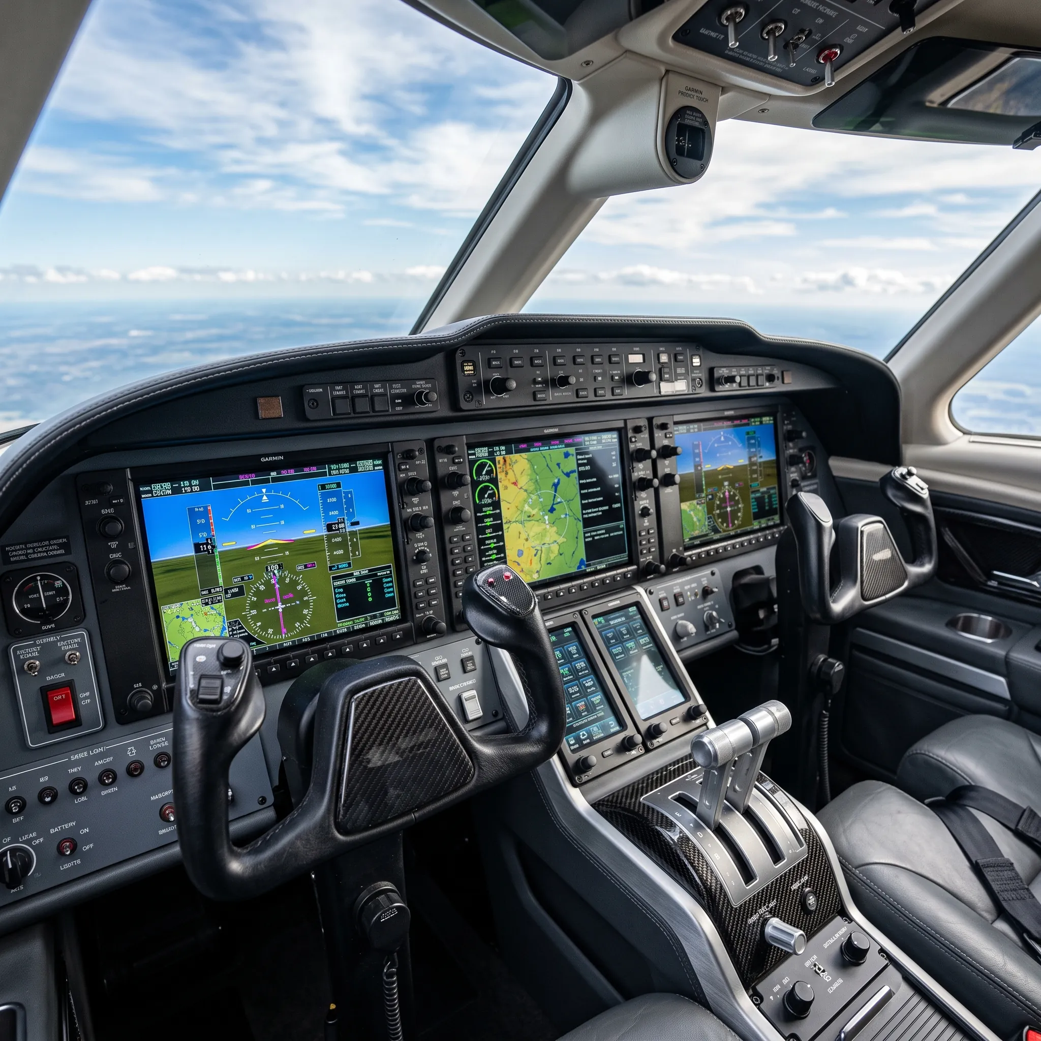 Cockpit of the Phenom 300EV showing the Garmin G3000 Prodigy Touch flight deck