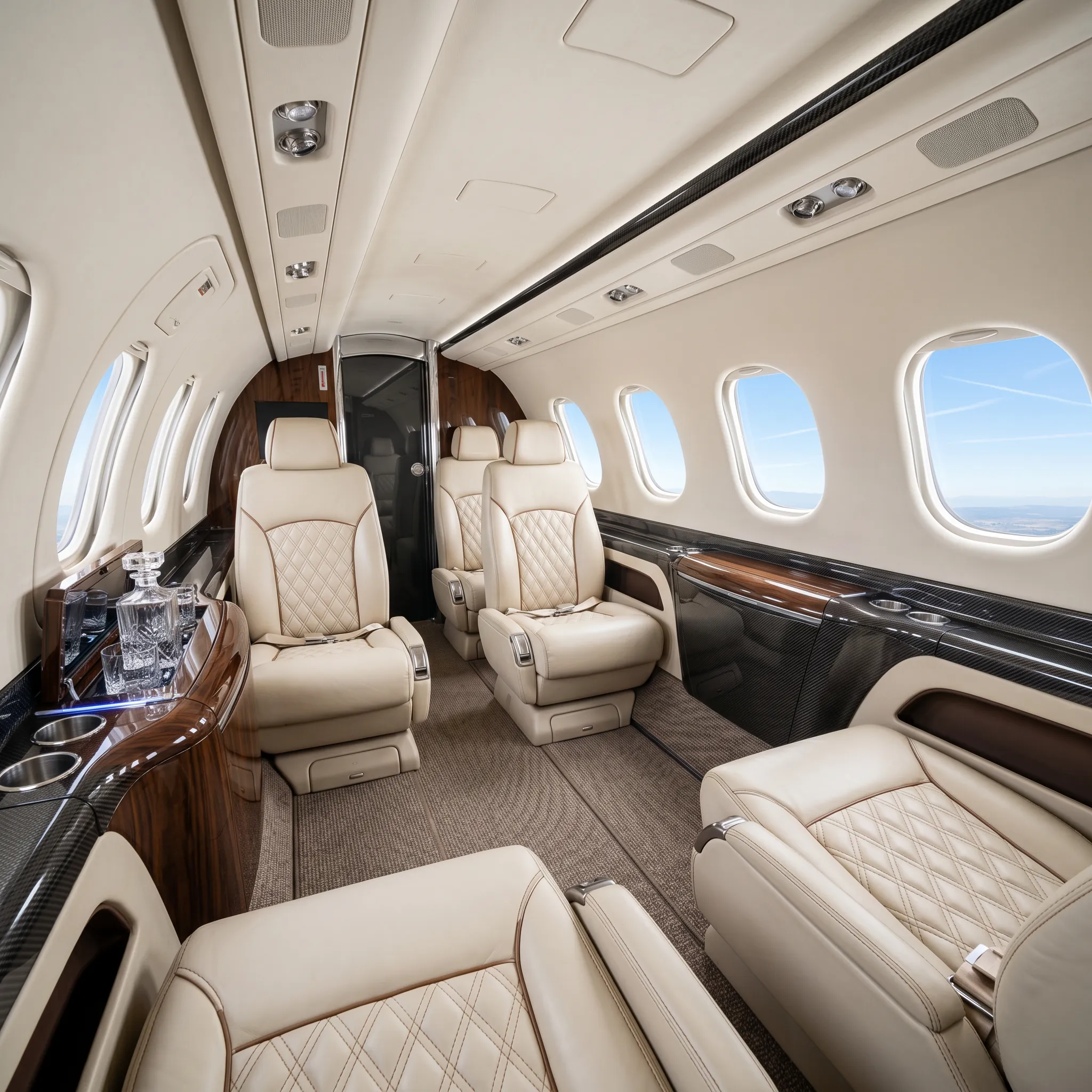 Interior cabin of the Phenom 300EV showing seating and refreshment center