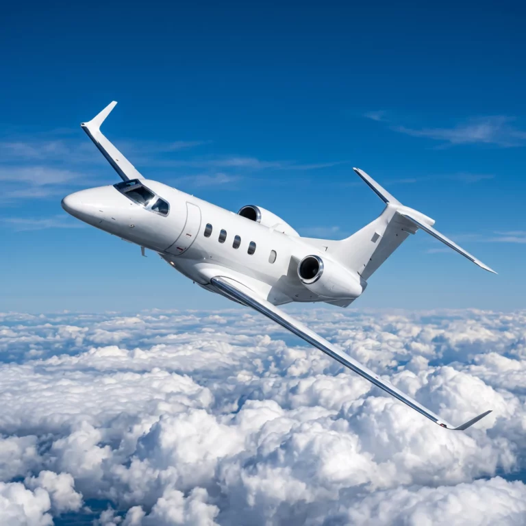 Embraer Phenom 300EV light jet flying above clouds in bright daylight