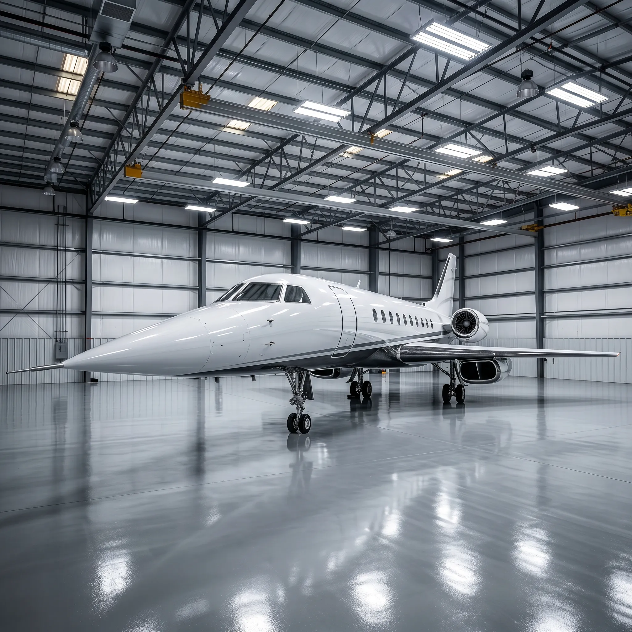 Supersonic business jet concept with needle nose and swept wings inside a modern aviation hangar