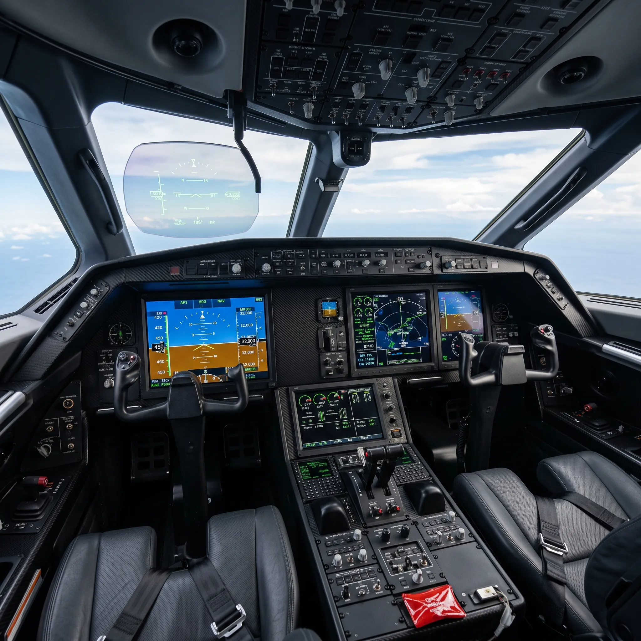 Advanced glass cockpit of a supersonic business jet with flight management displays and carbon fiber panels