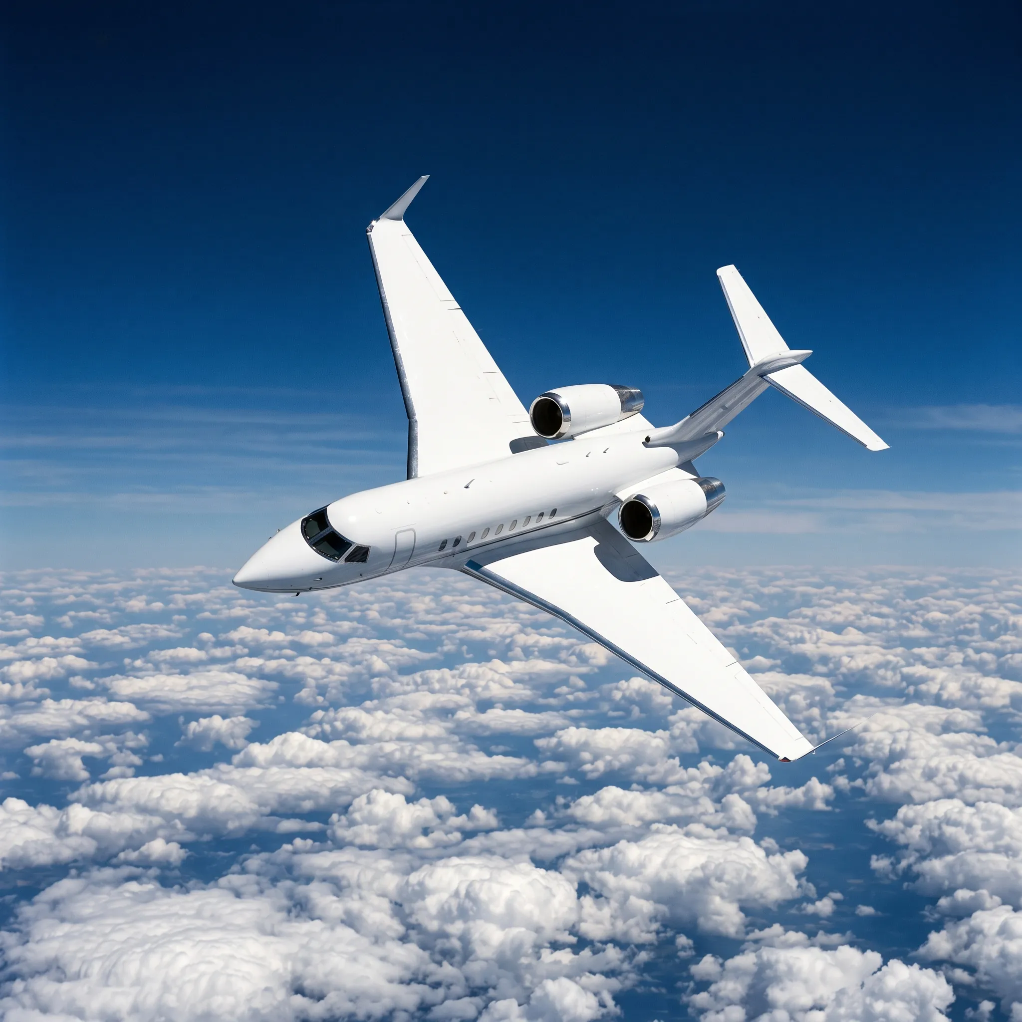 Supersonic private jet banking above clouds at high altitude photographed from chase aircraft