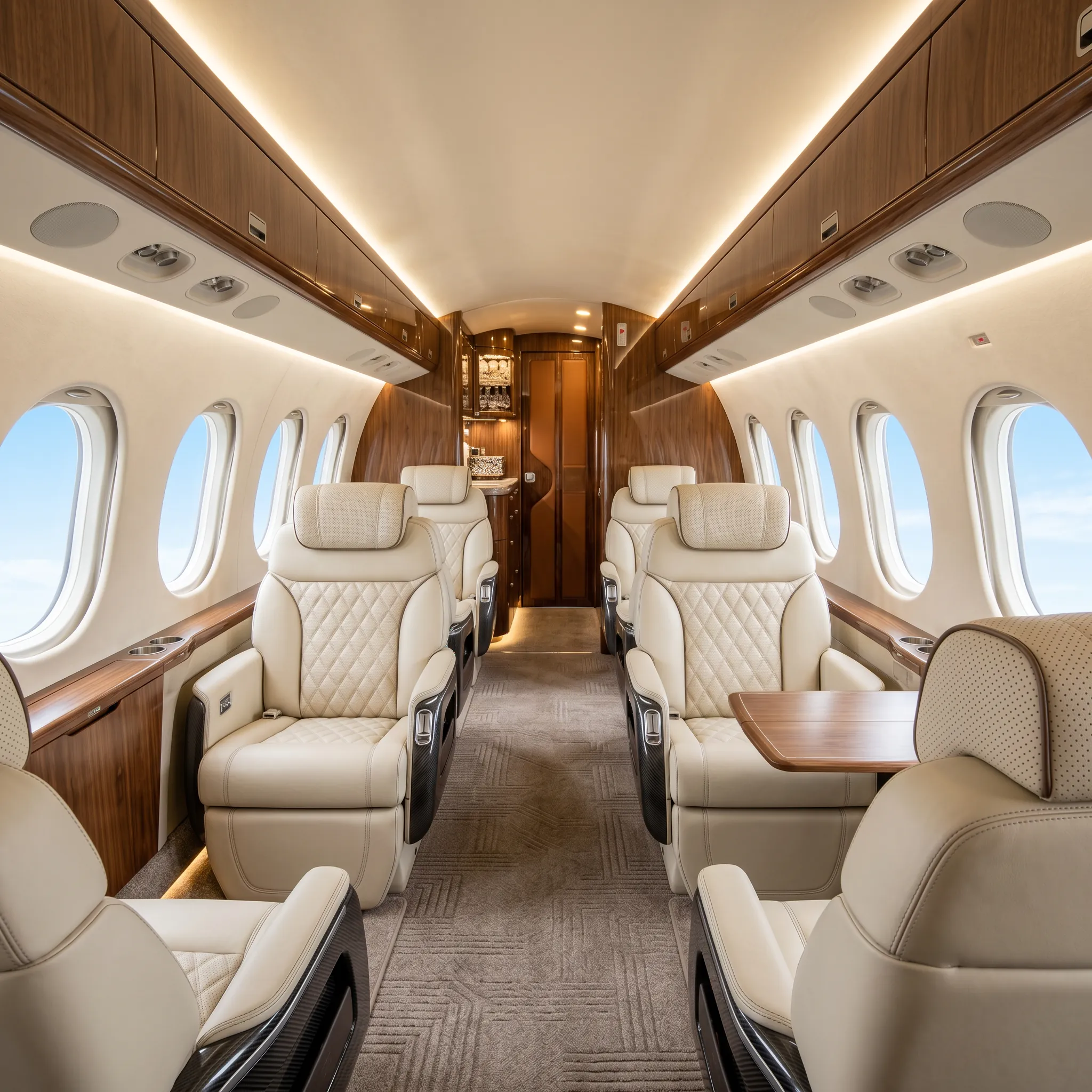 Luxurious supersonic business jet cabin interior with leather seats, panoramic windows, and carbon fiber accents