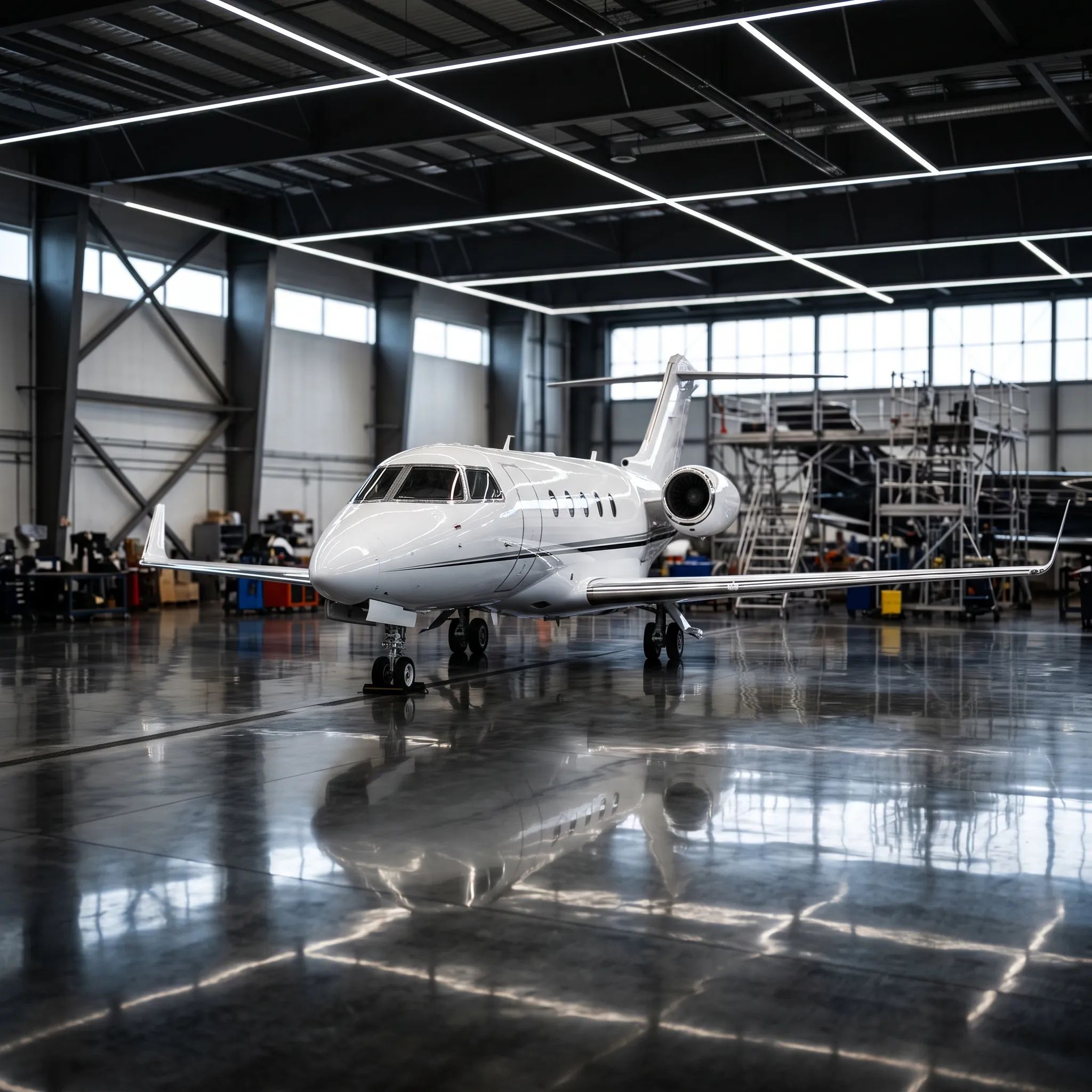 Luxurious private jet cabin interior with leather seating and natural light