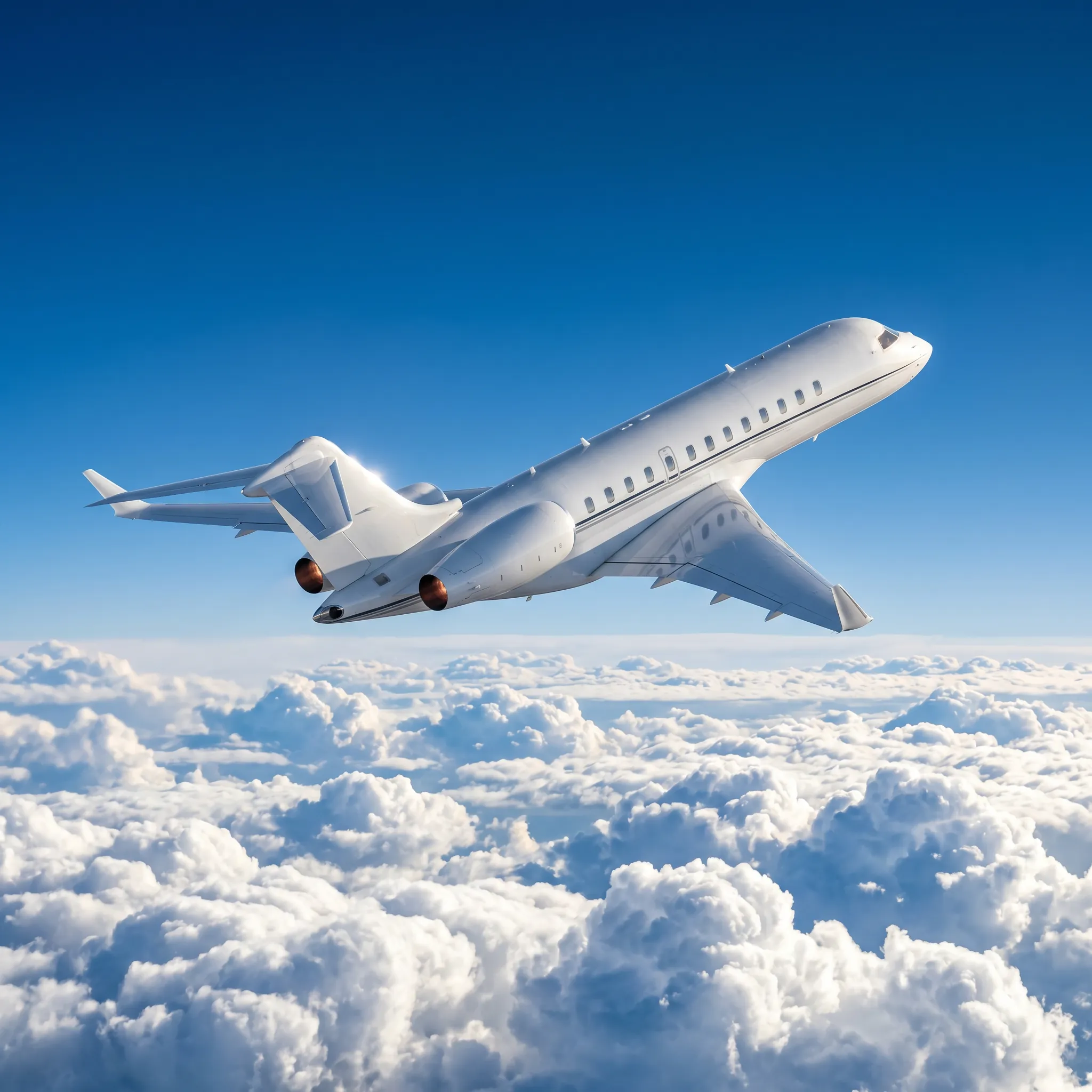 Private jet climbing above clouds in bright daylight symbolizing global travel