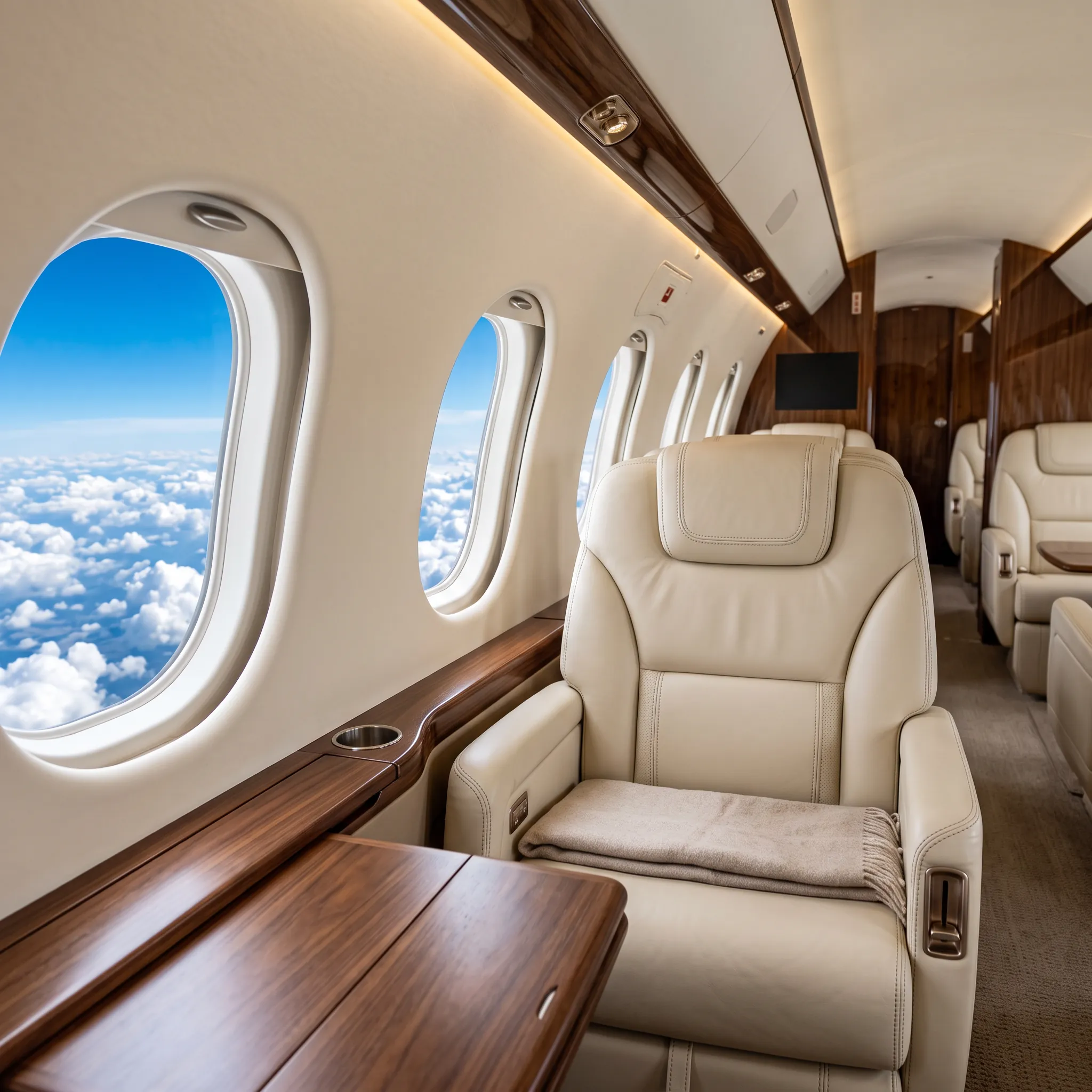 Interior cabin of a Gulfstream G600 private jet showing leather seating and large windows in flight