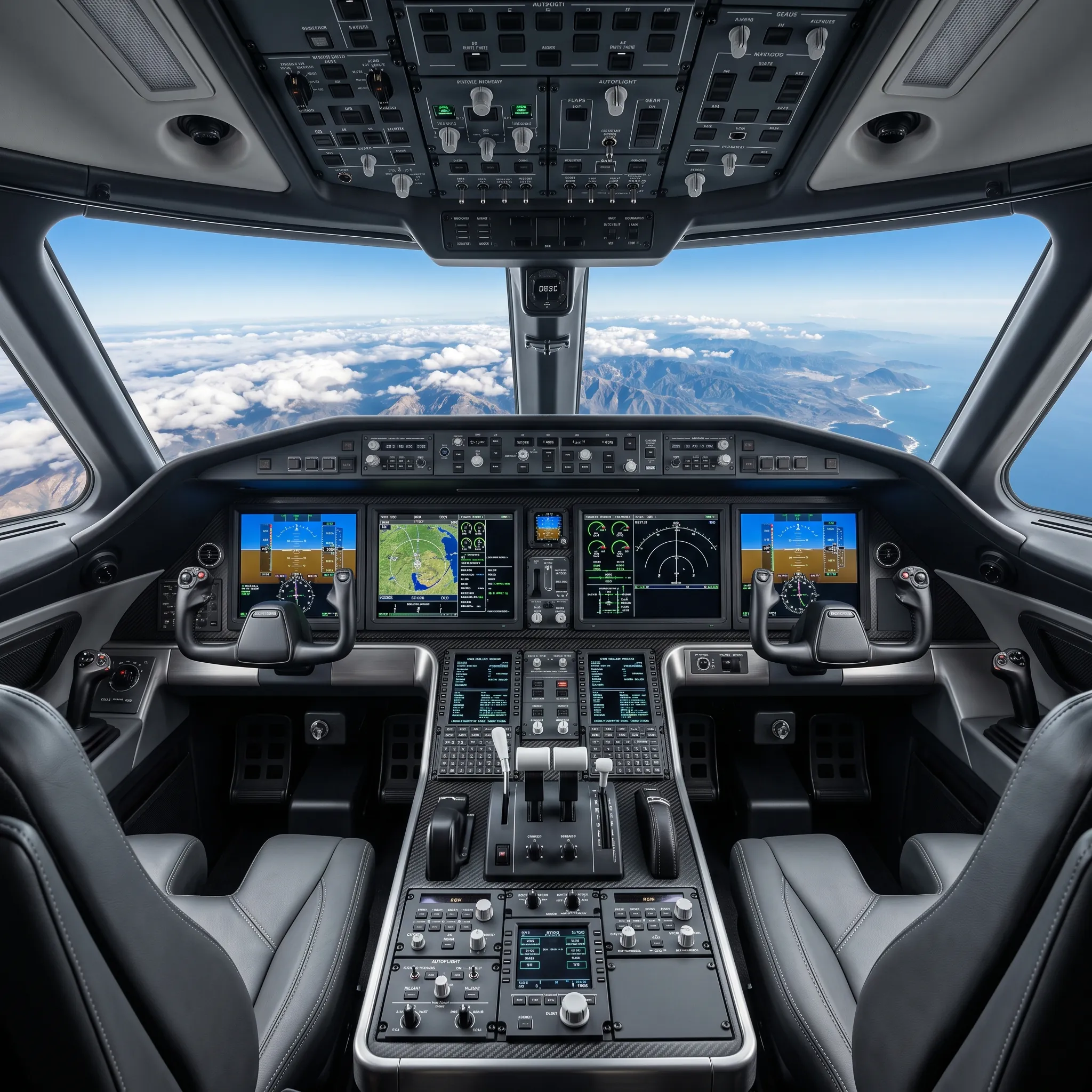 Gulfstream G800 cockpit showing modern glass avionics displays in bright daylight