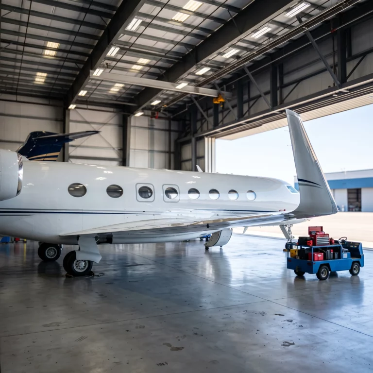 Gulfstream G600 private jet parked inside a bright executive hangar showing its fuselage and winglet detail