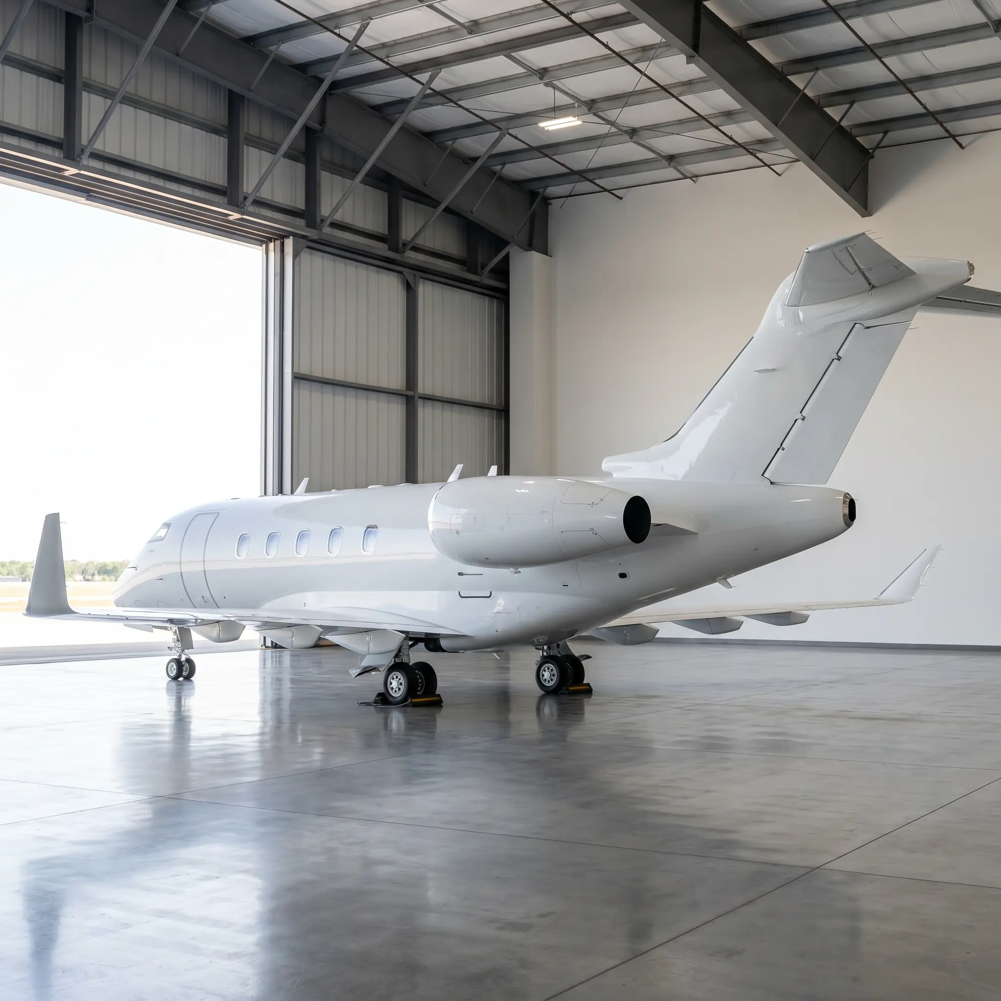 Super Midsize private jet parked inside a bright executive hangar