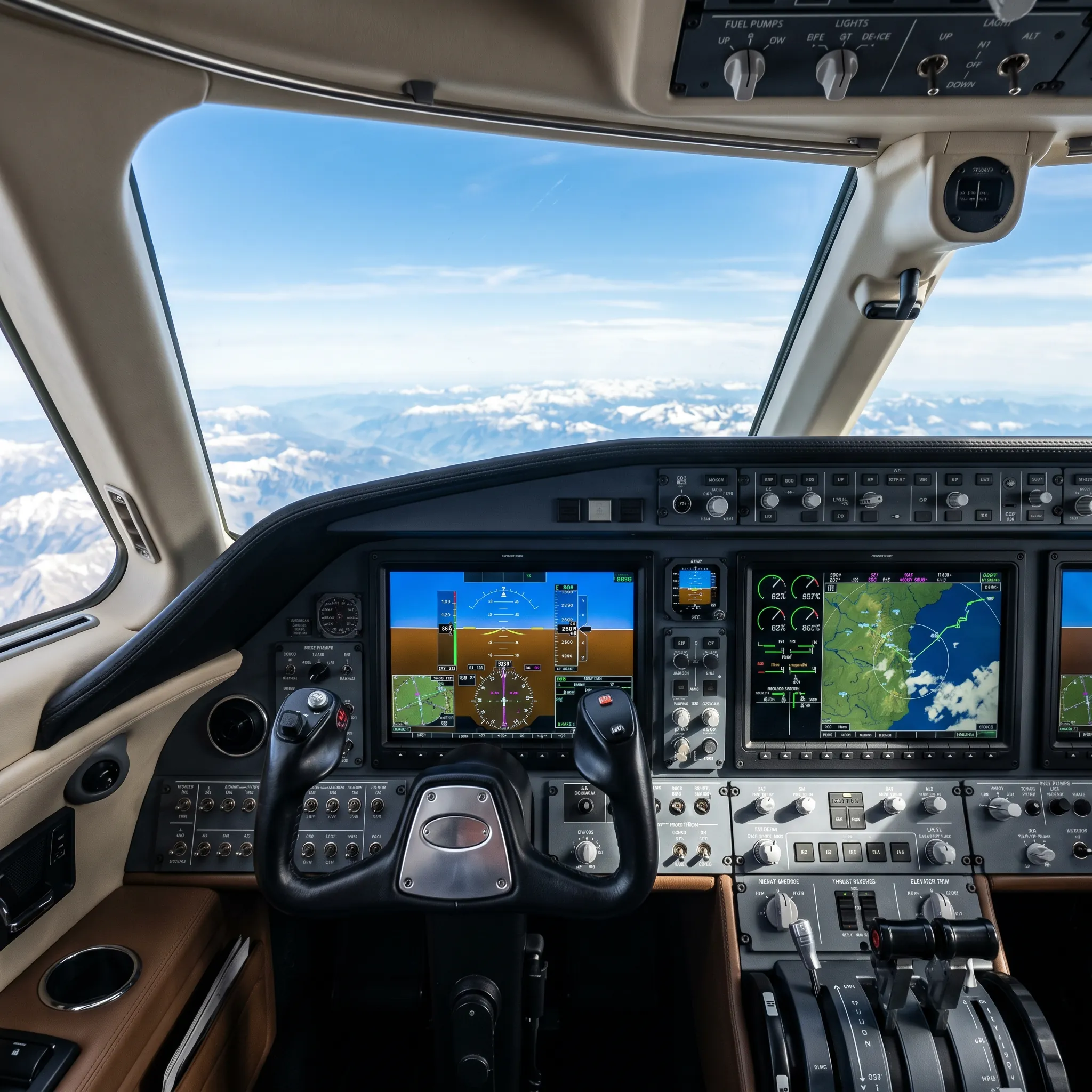 Modern private jet cockpit with glass avionics displays and bright daylight ahead