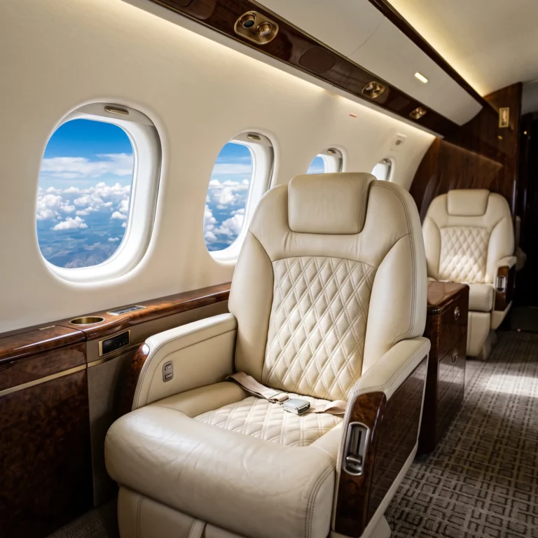 Luxurious private jet cabin interior with leather seats and natural daylight through windows
