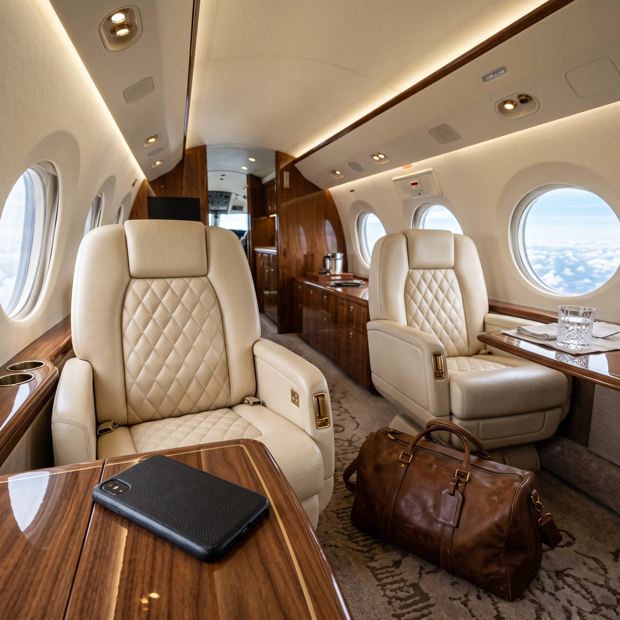 Luxurious private jet cabin interior with leather seating during a summer flight