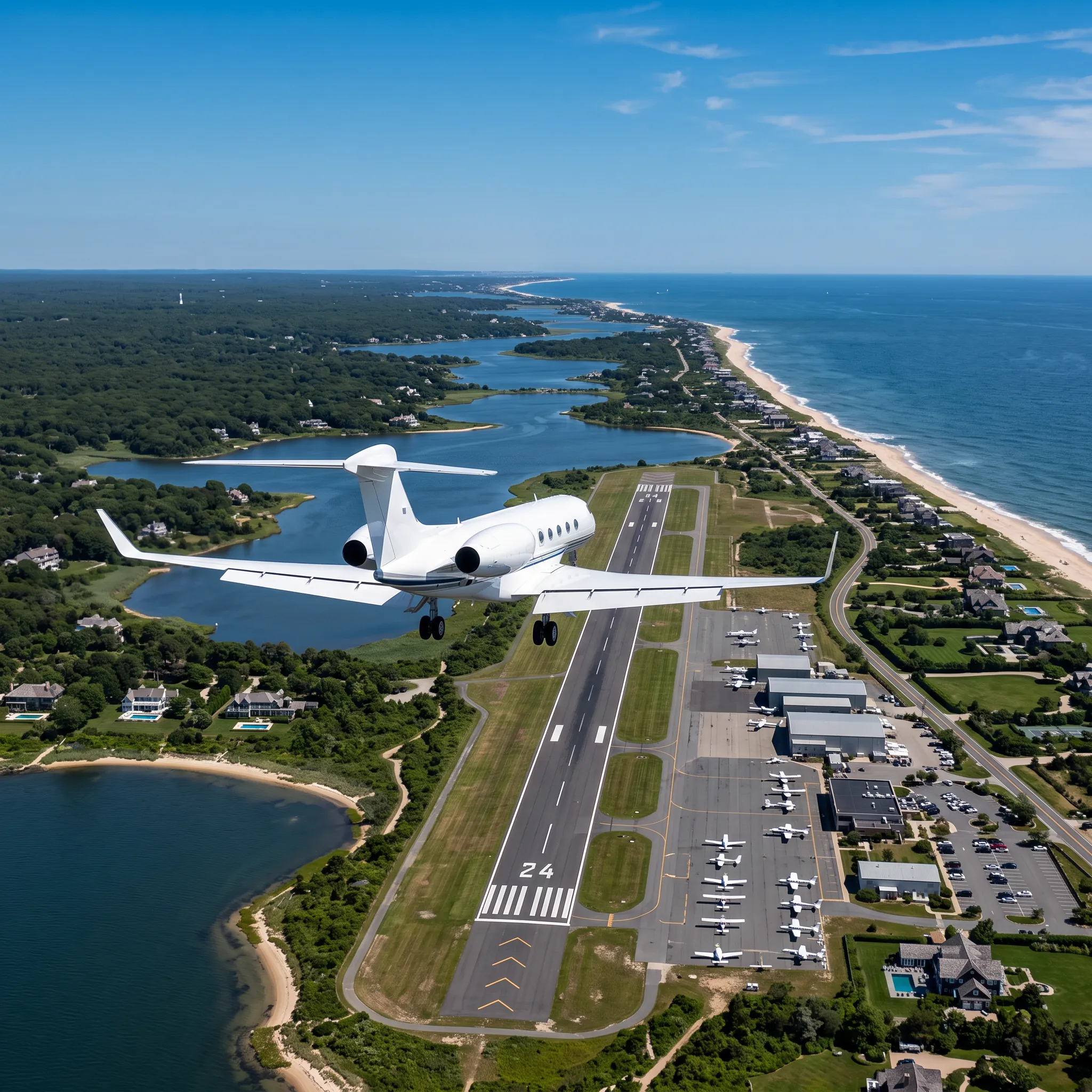 Private jet on approach to a coastal Northeast airport during peak summer travel season