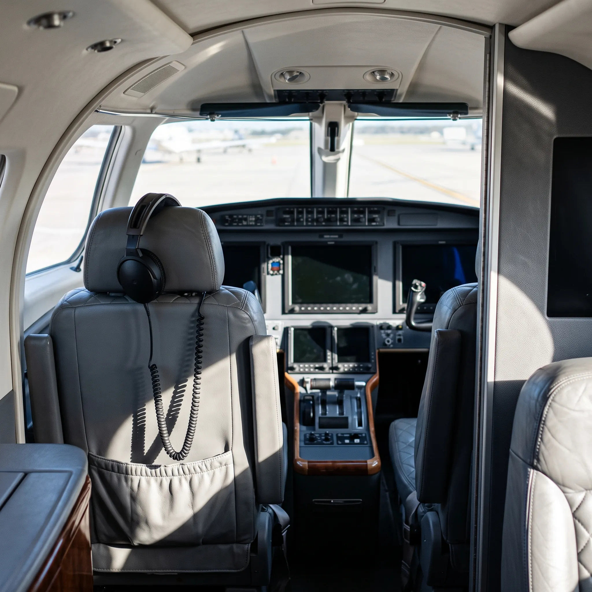Empty light jet flight deck with powered-down avionics displays, viewed from the cabin doorway