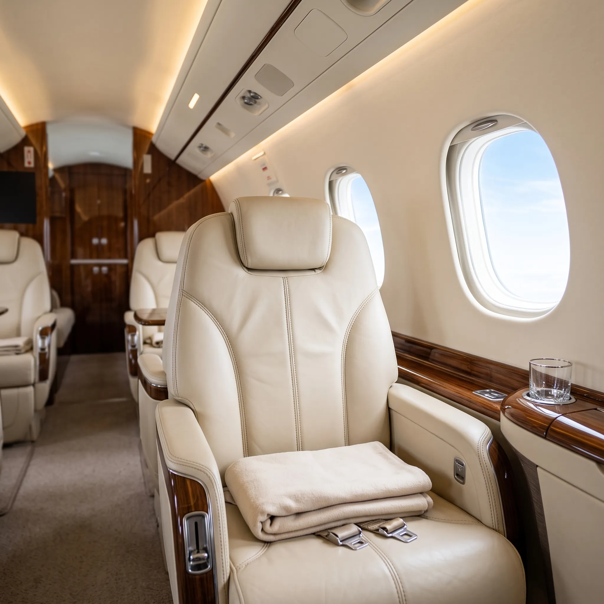 Luxurious leather cabin interior of an Embraer Praetor 600 private jet