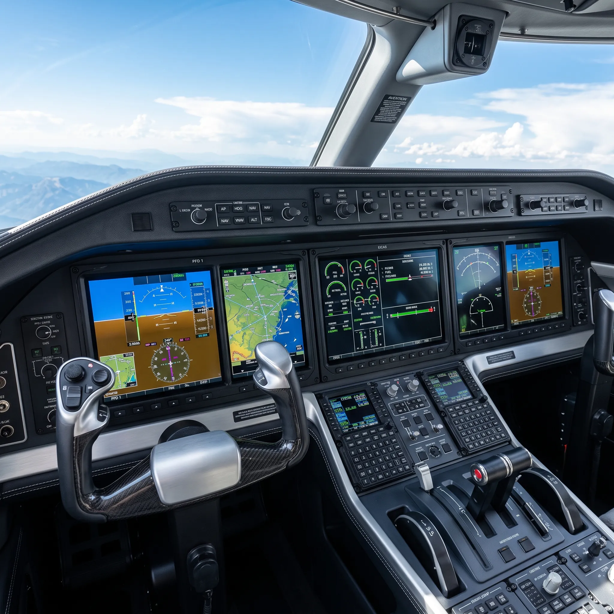 Modern glass cockpit avionics inside an Embraer Praetor 600 business jet